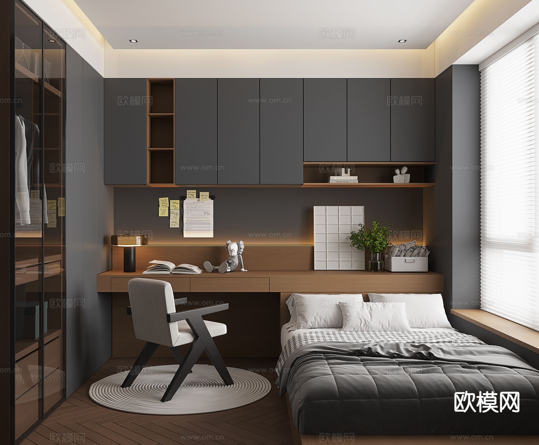 暗黑风榻榻米卧室su模型下载（渲染图2）