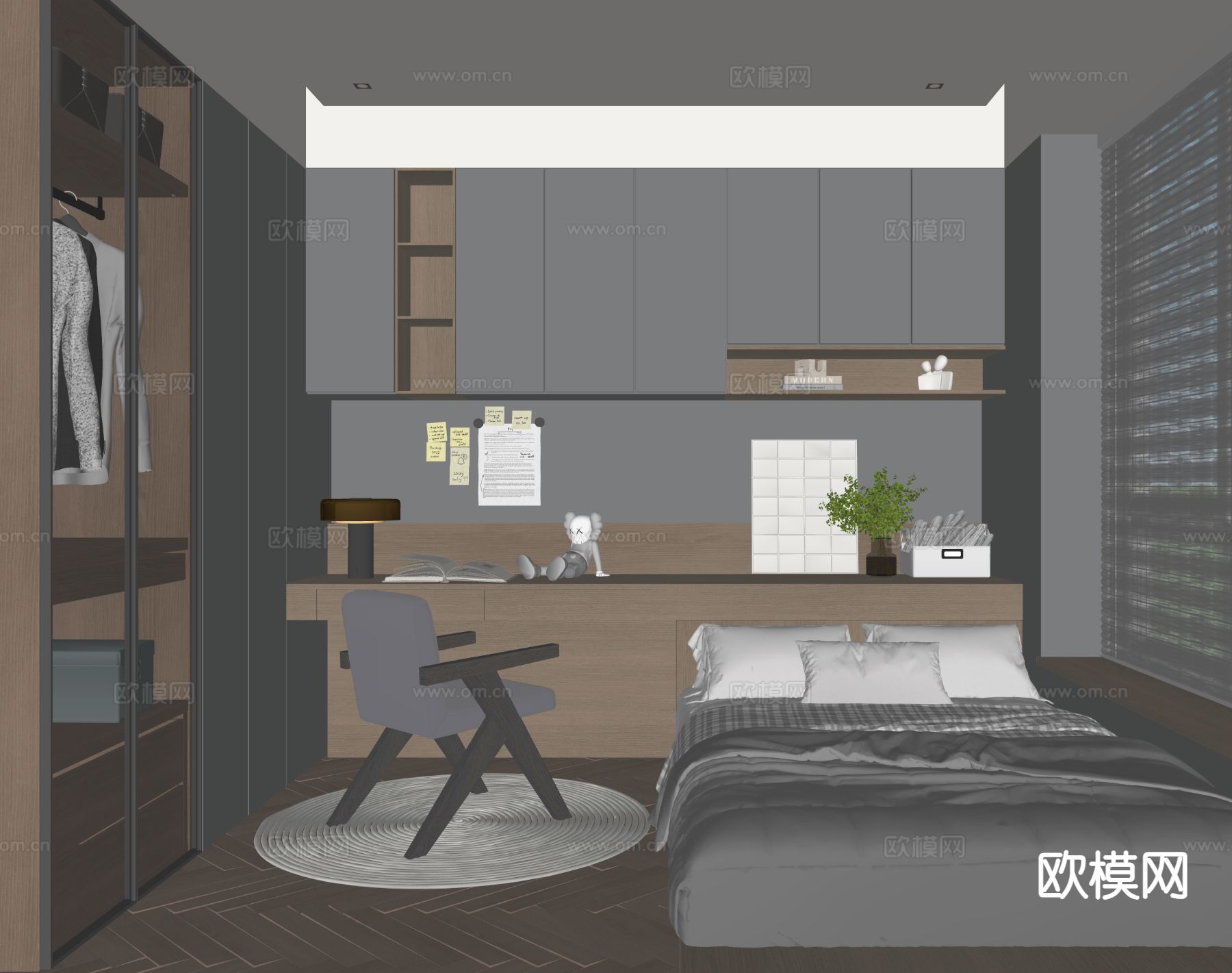 暗黑风榻榻米卧室su模型下载（渲染图1）