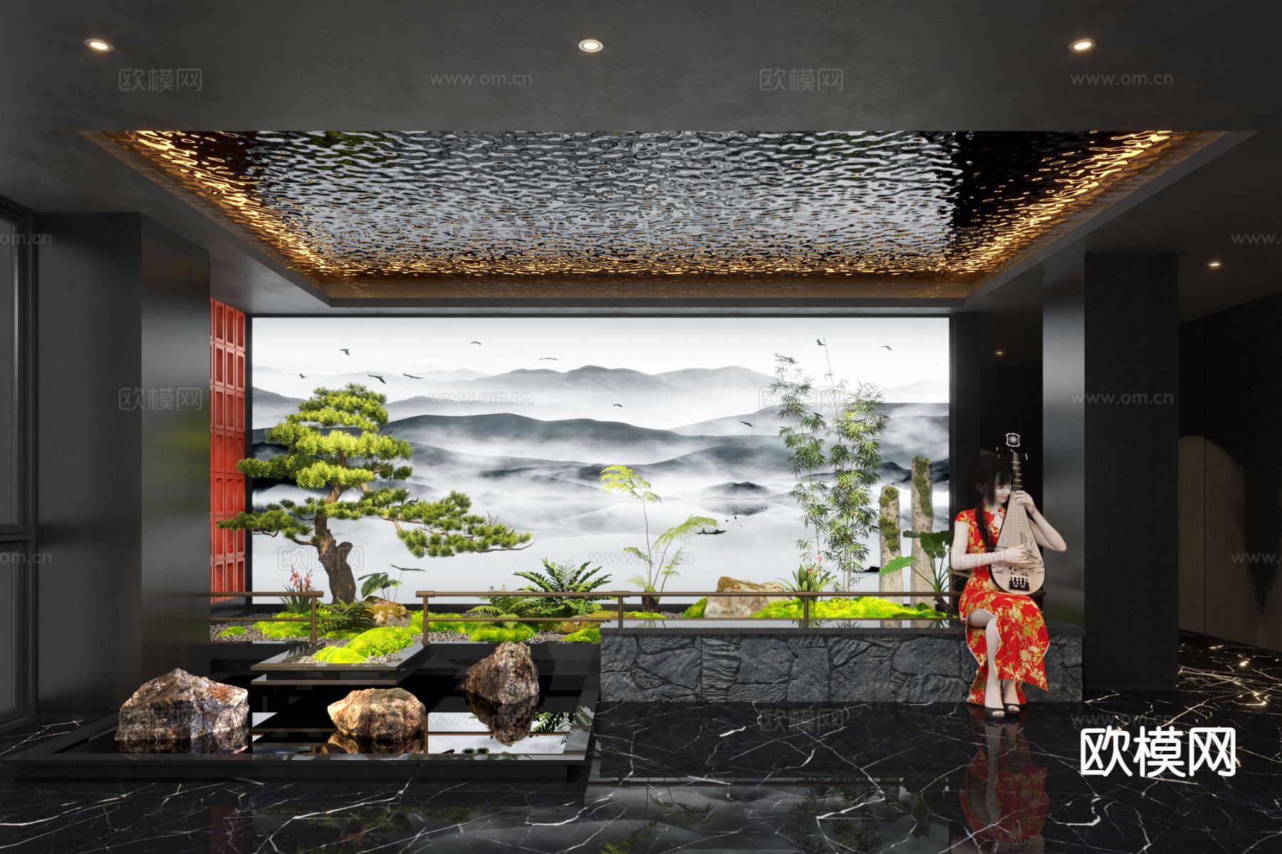 新中式过道景观 走廊景观su模型下载（渲染图2）