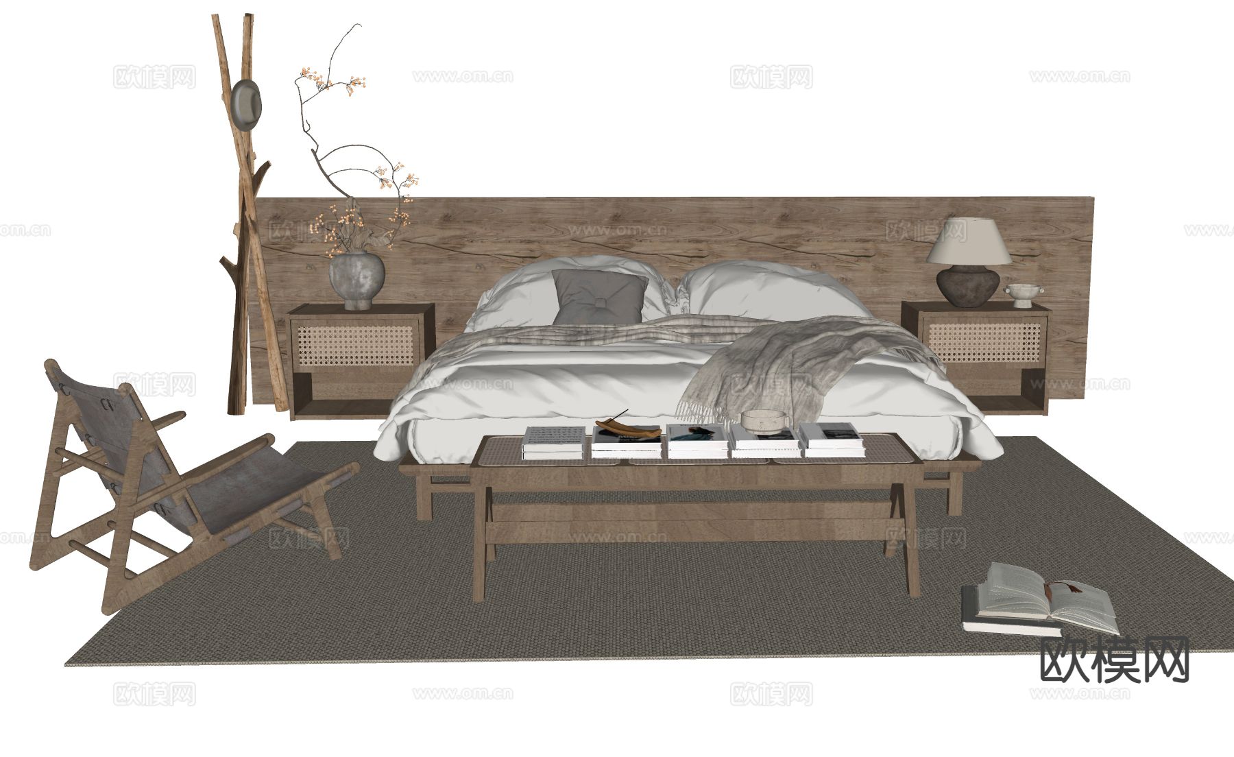 侘寂双人床su模型下载（渲染图1）