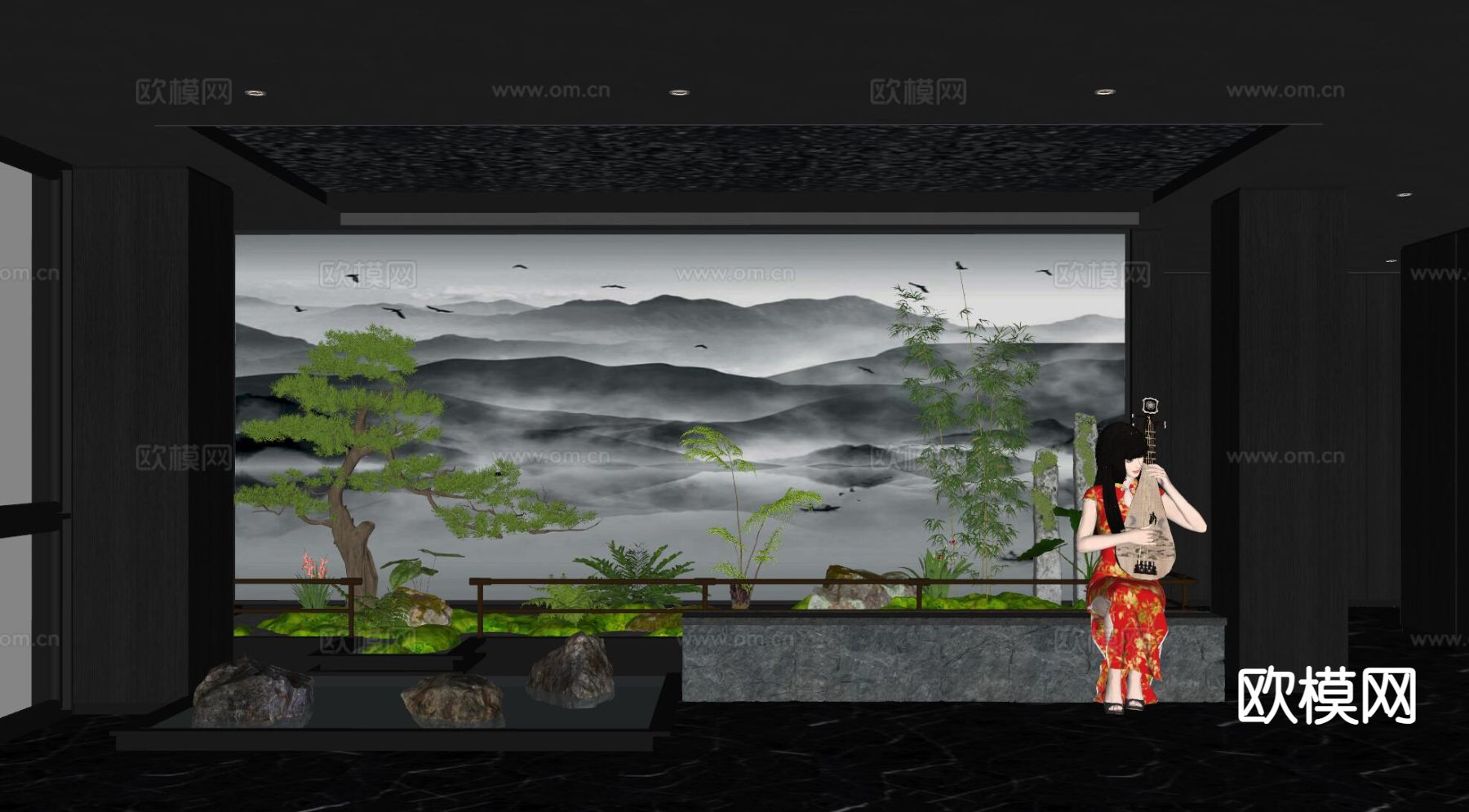 新中式过道景观 走廊景观su模型下载（渲染图1）