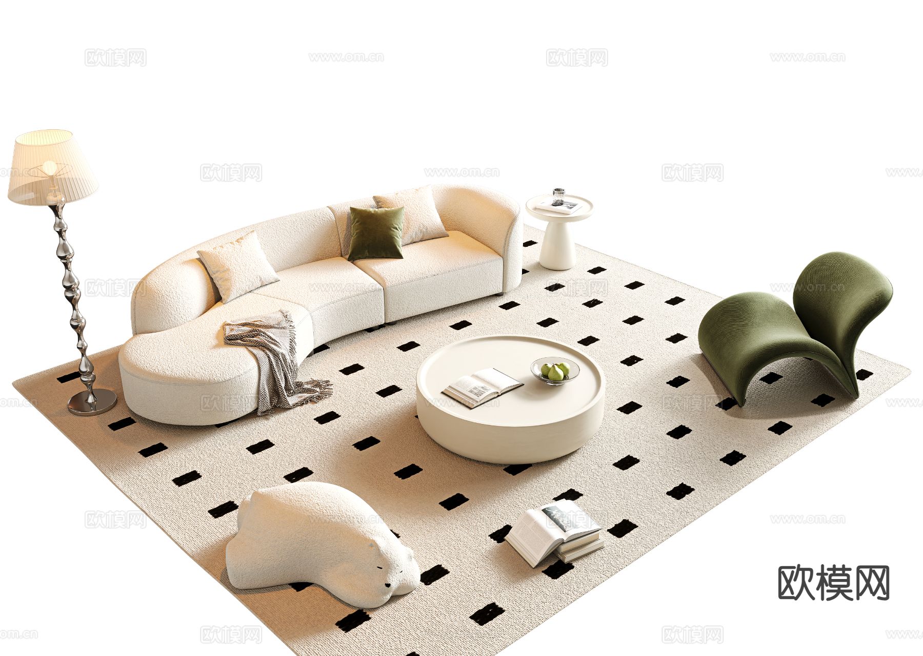 奶油风组合沙发su模型下载（渲染图2）