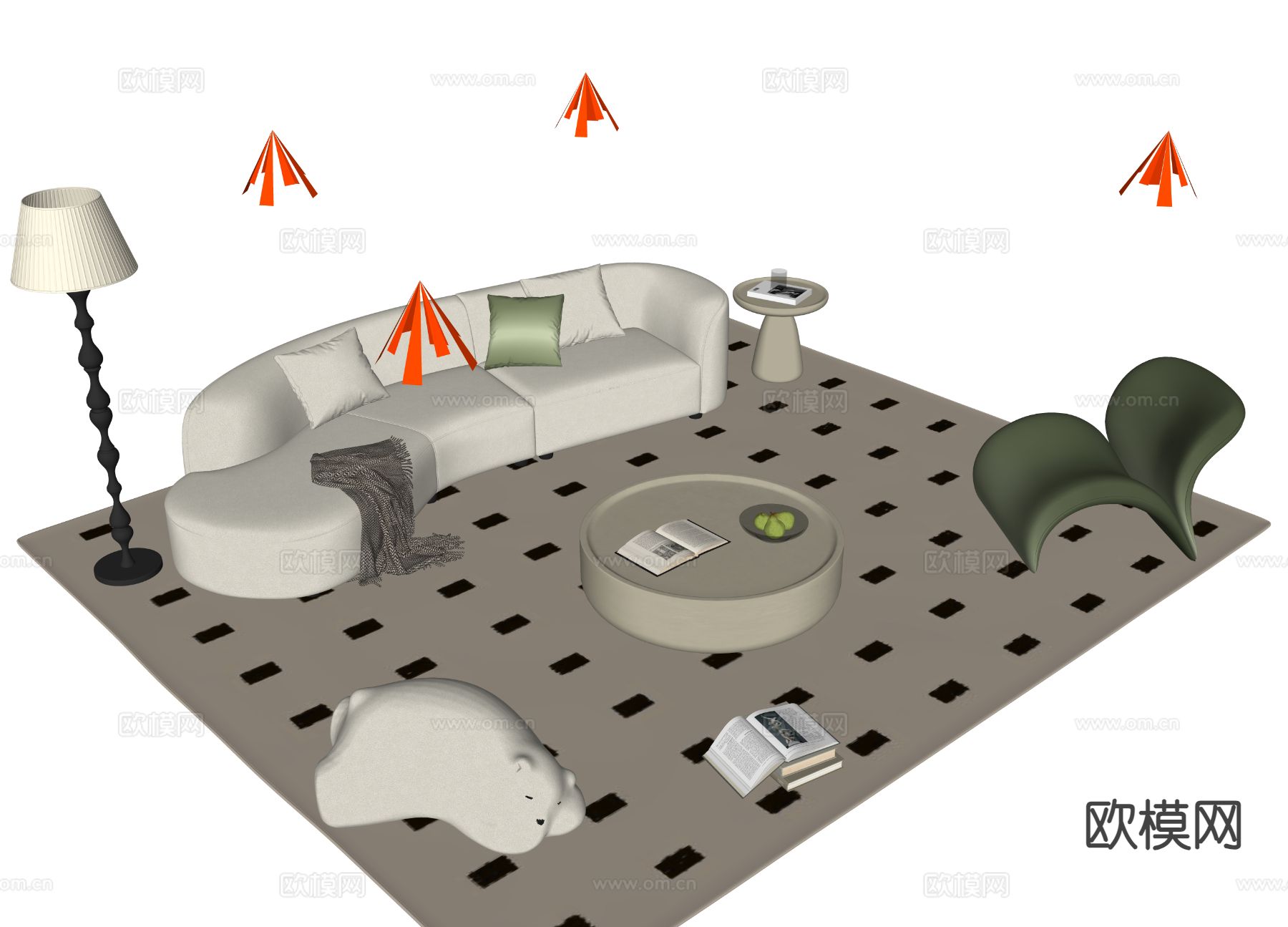 奶油风组合沙发su模型下载（渲染图1）