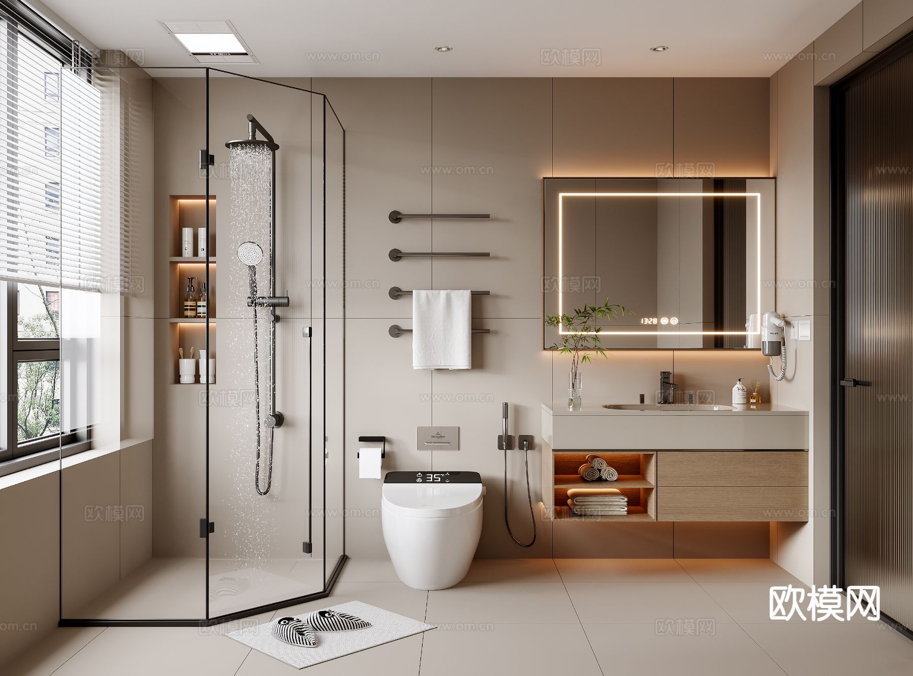 奶油风卫生间 浴室su模型下载（渲染图2）