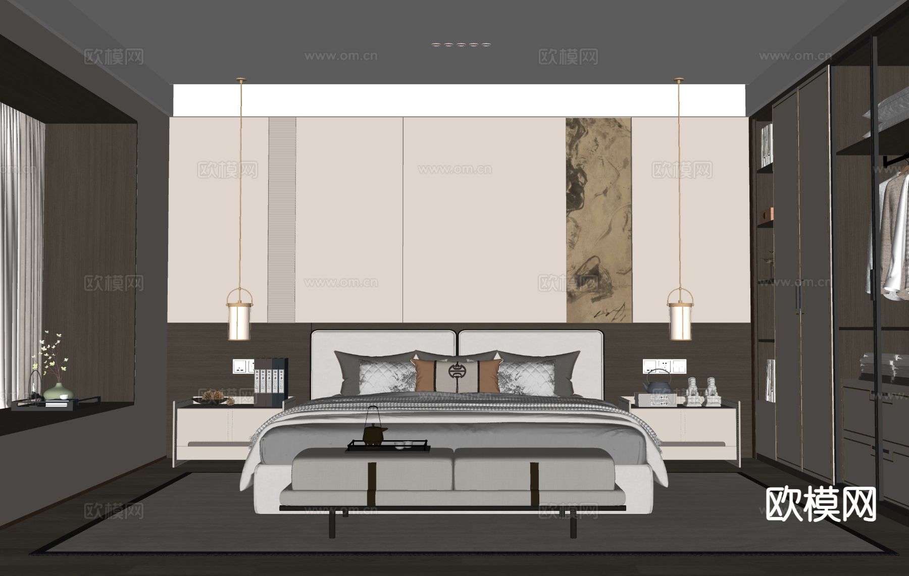 新中式卧室 主卧su模型下载（渲染图1）