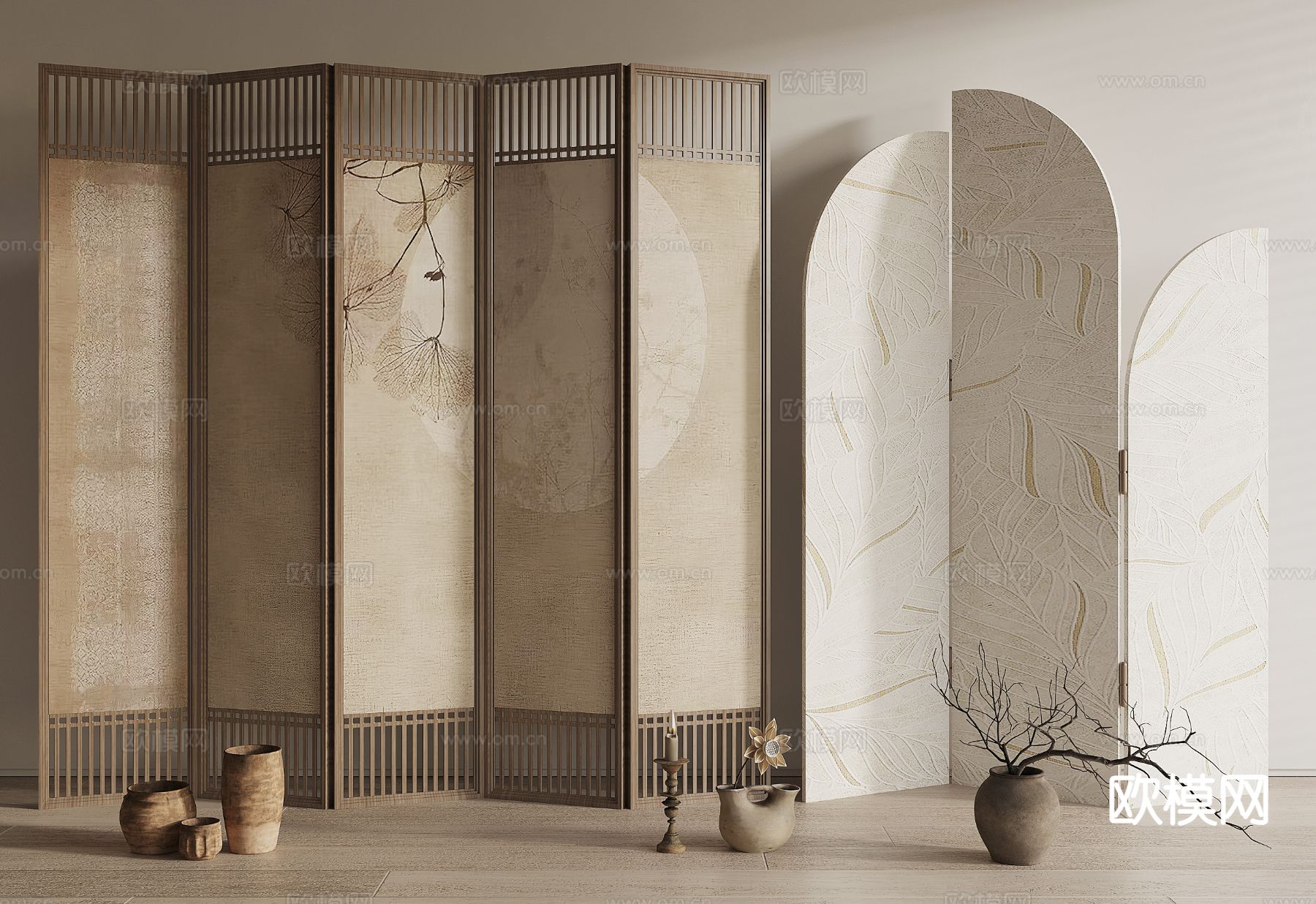 侘寂隔断 折叠屏风su模型下载（渲染图2）