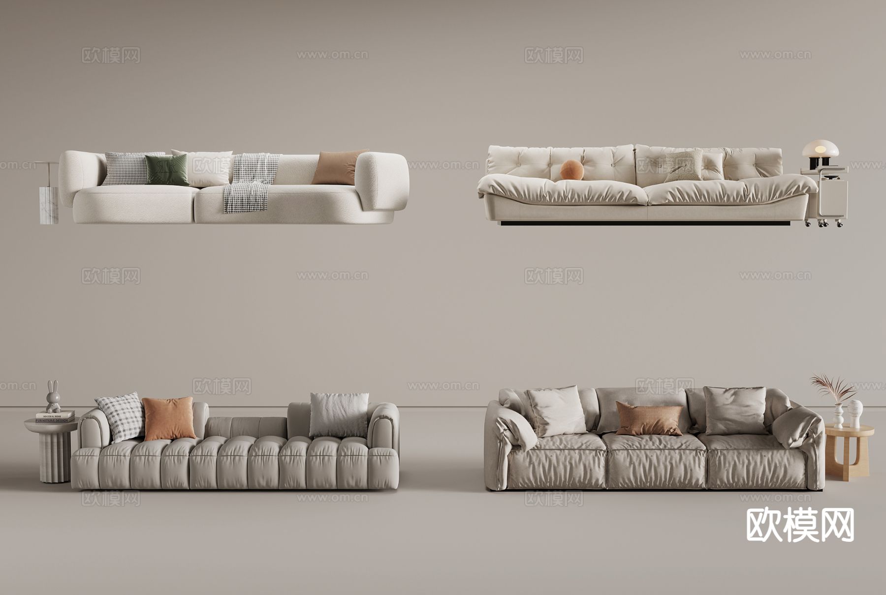 奶油风沙发 多人沙发3d模型下载
