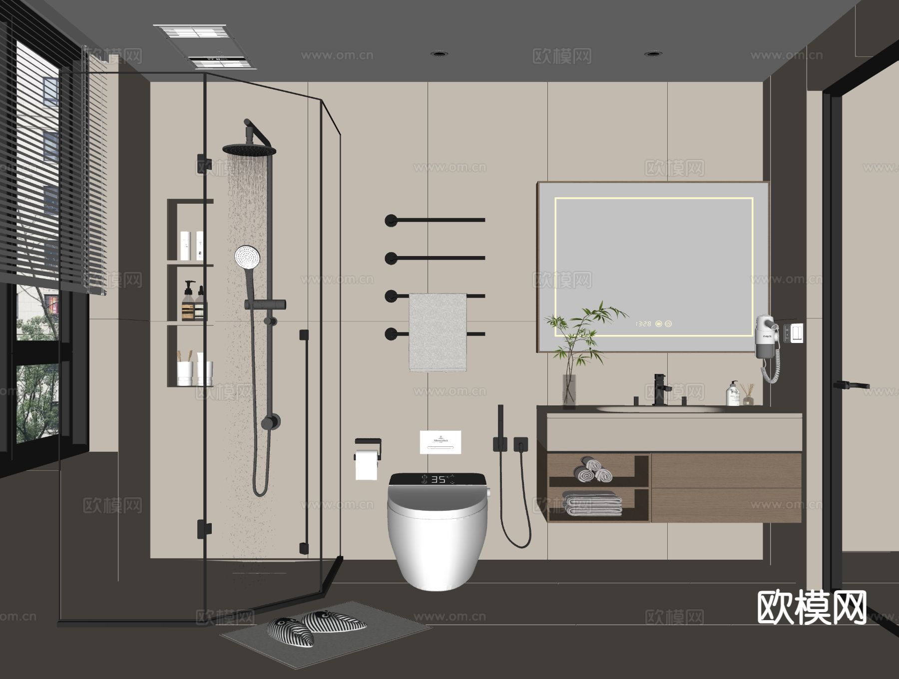 奶油风卫生间 浴室su模型下载（渲染图1）