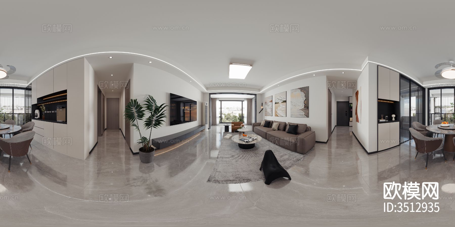 现代简约大平层效果图下载（渲染图1）