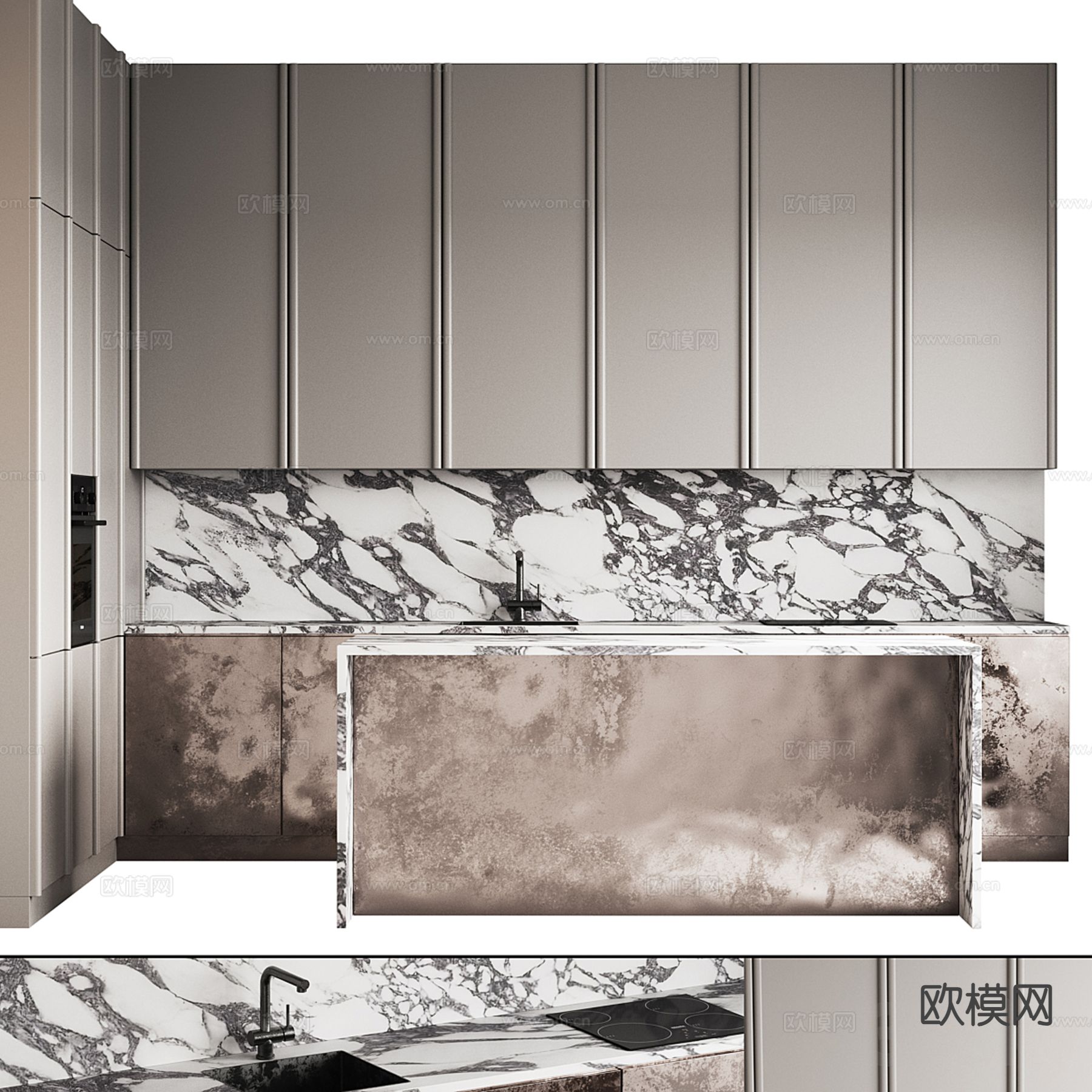 轻奢橱柜 岛台橱柜3d模型下载（渲染图2）