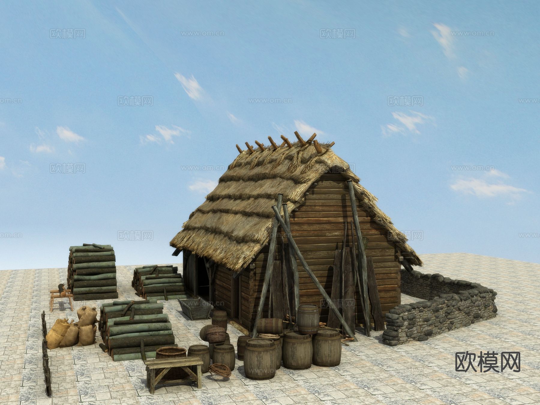 中式木屋 乡村民房3d模型下载（渲染图1）