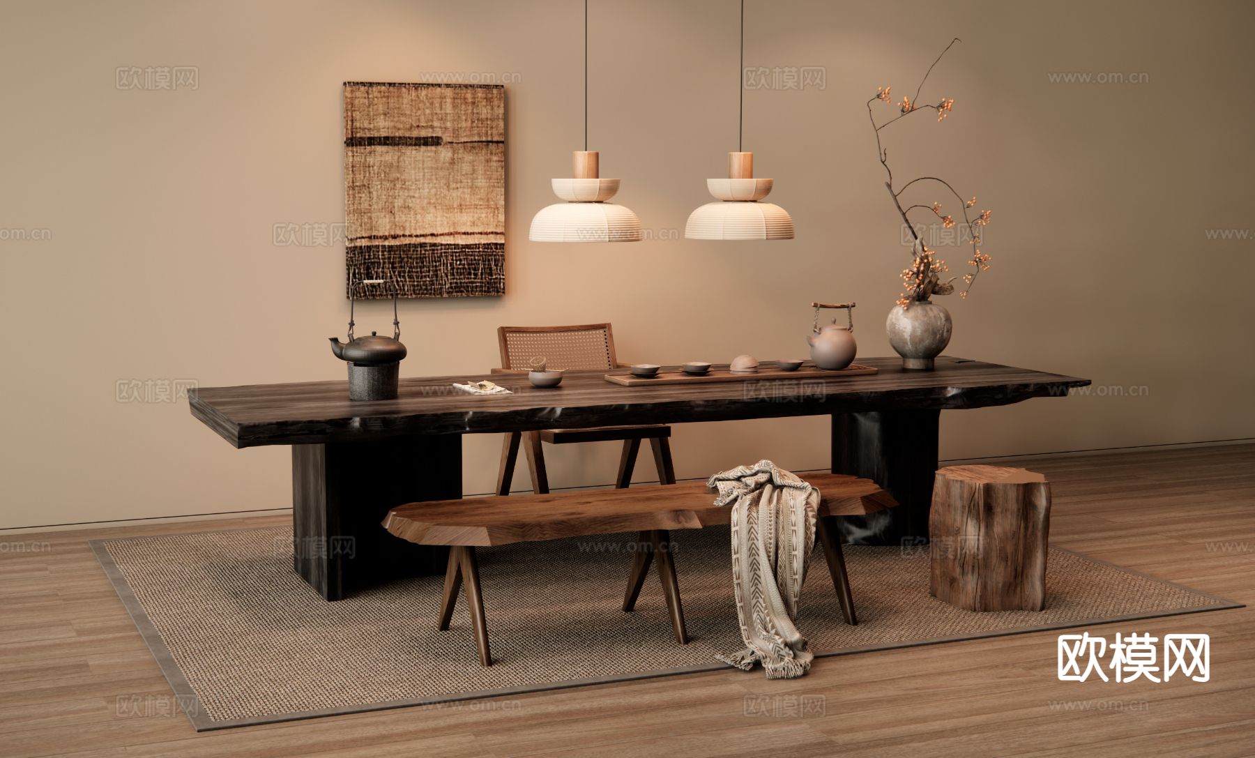 侘寂茶桌椅 茶台3d模型下载