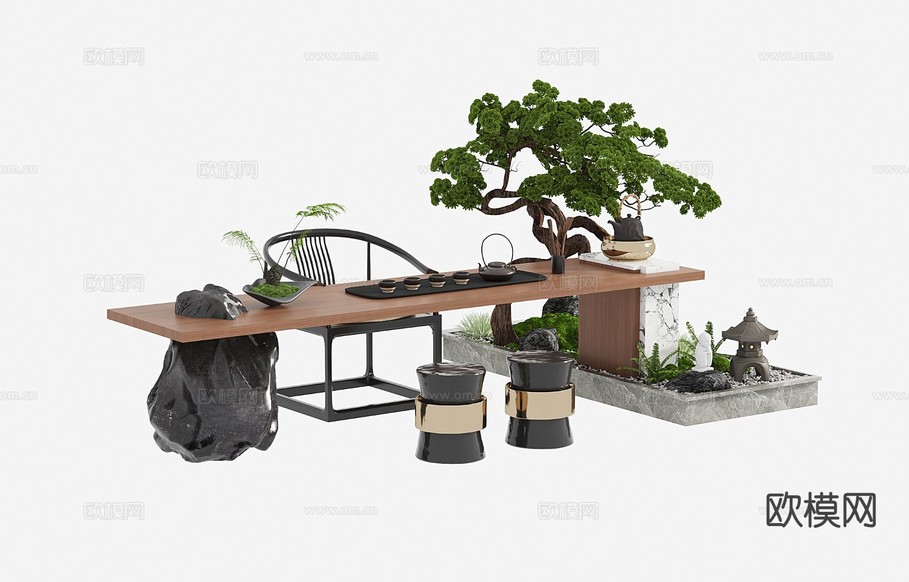 新中式茶桌椅 茶台3d模型下载