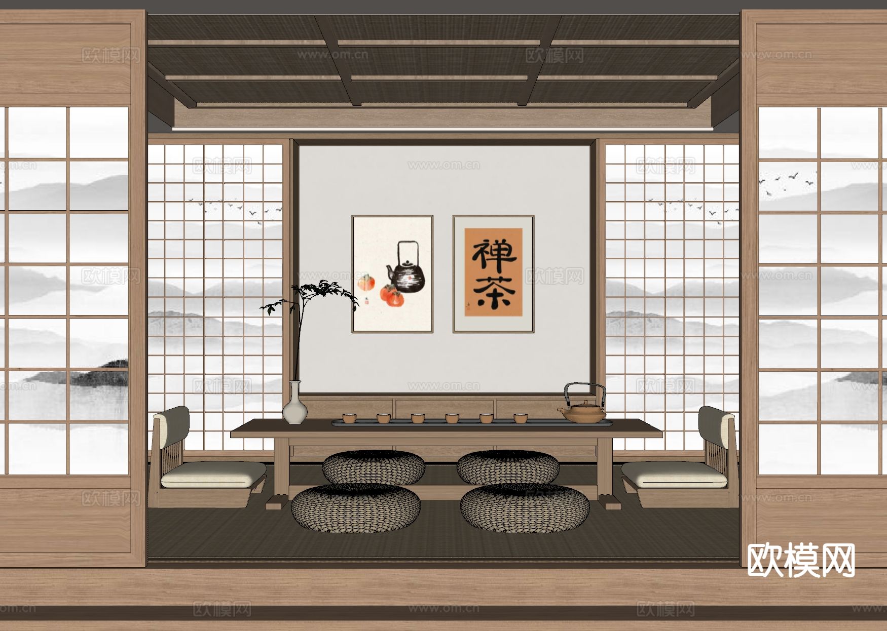 日式榻榻米茶室su模型下载（渲染图1）