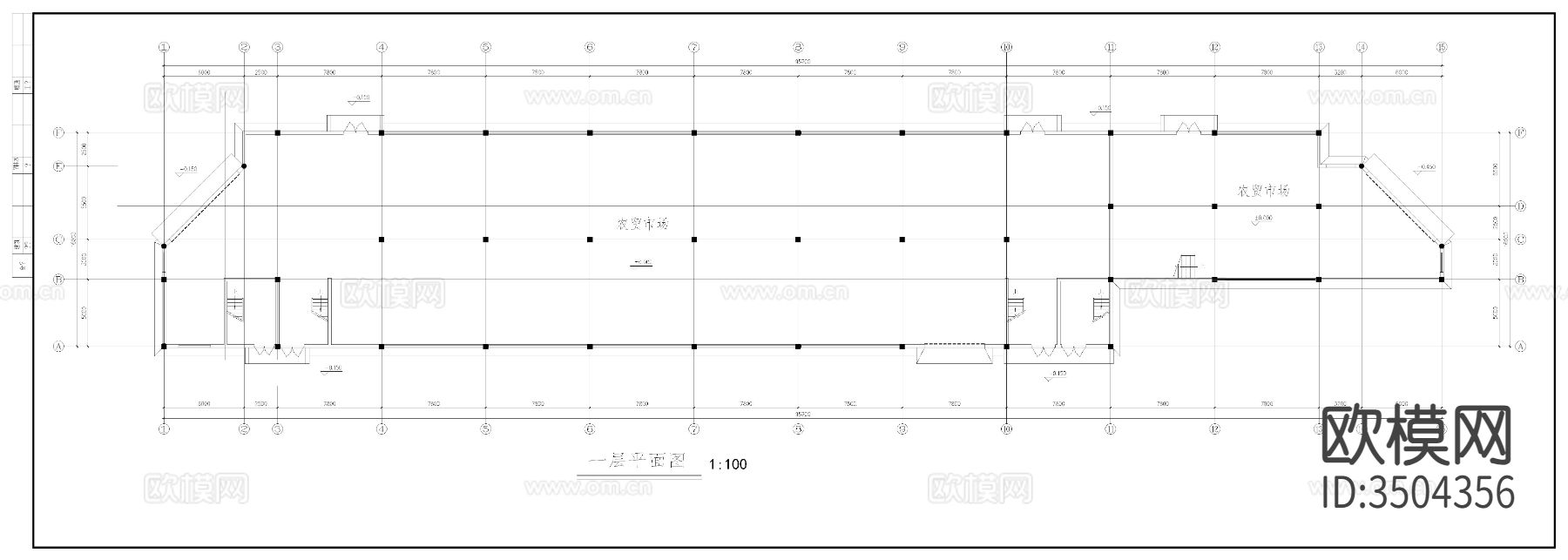 农贸市场建筑平面图cad施工图下载（渲染图2）