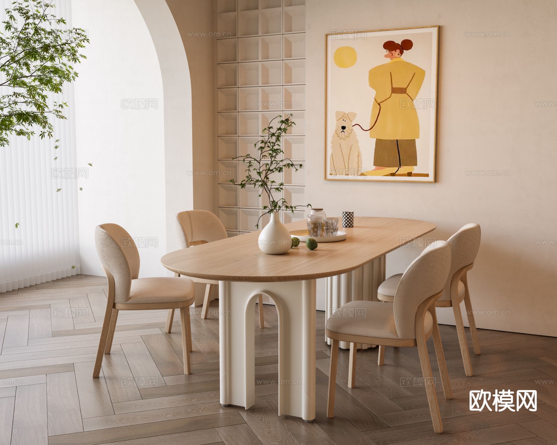 奶油风餐桌椅su模型下载（渲染图2）