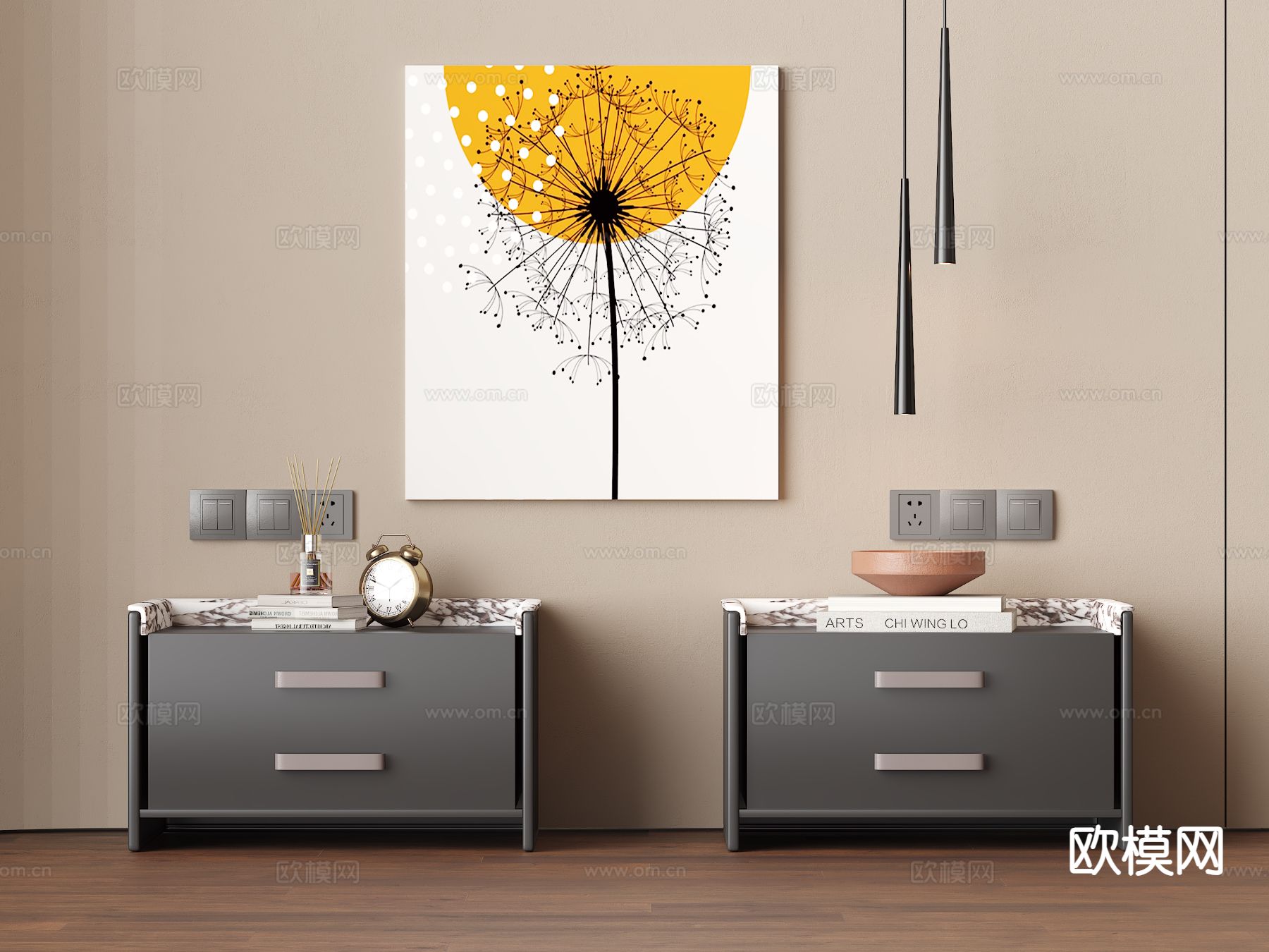 中古风床头柜su模型下载（渲染图2）