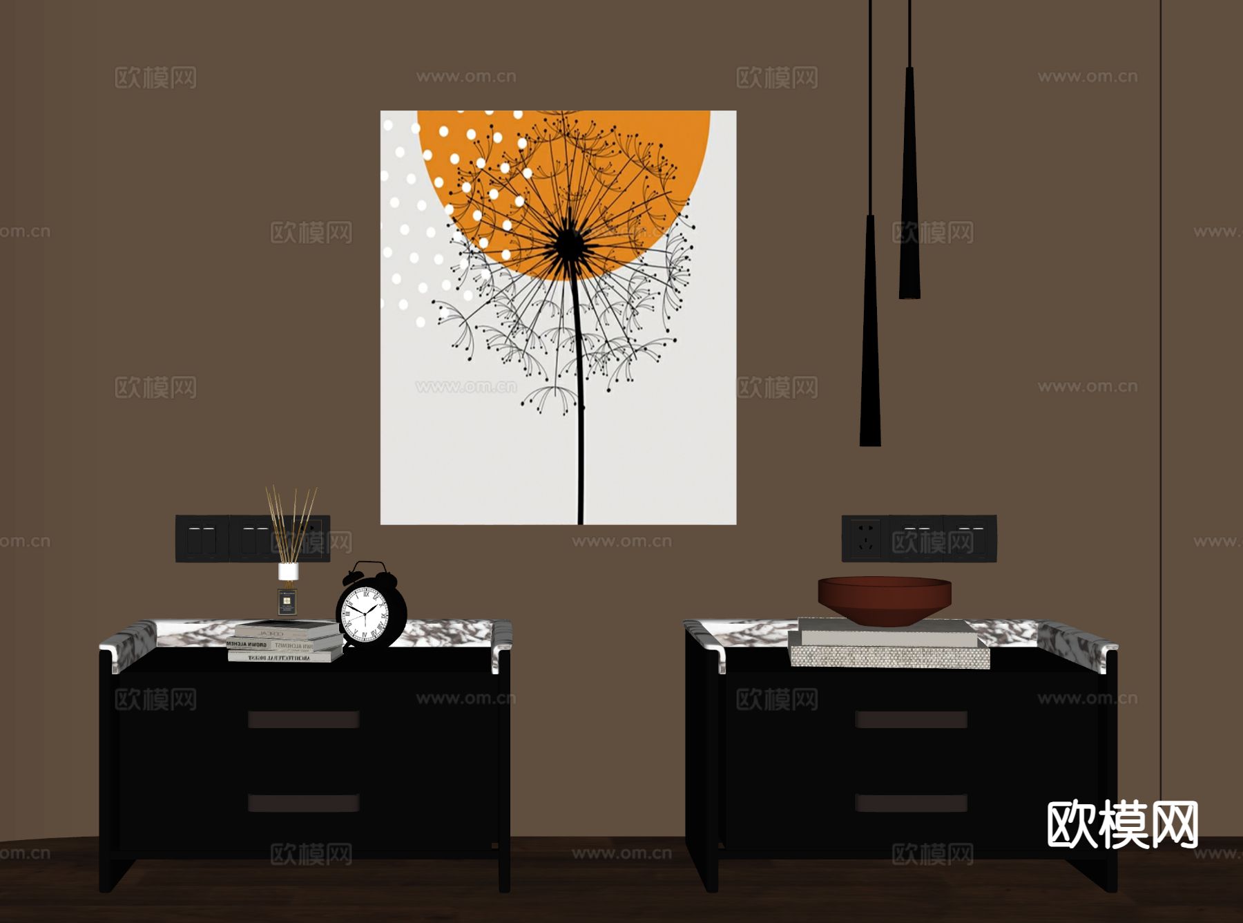 中古风床头柜su模型下载（渲染图1）