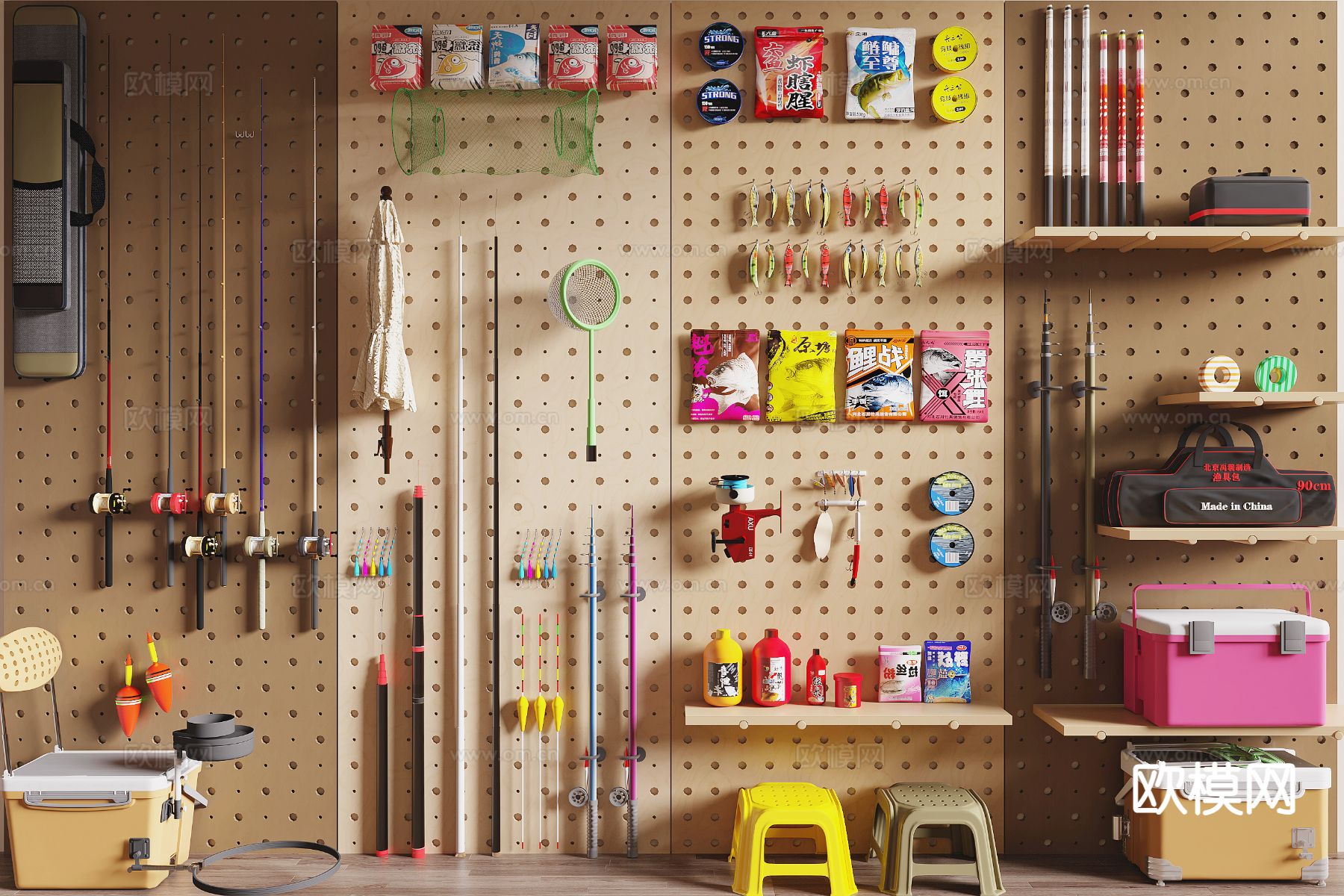 现代渔具 鱼竿 钓具 渔具包 鱼护3d模型下载