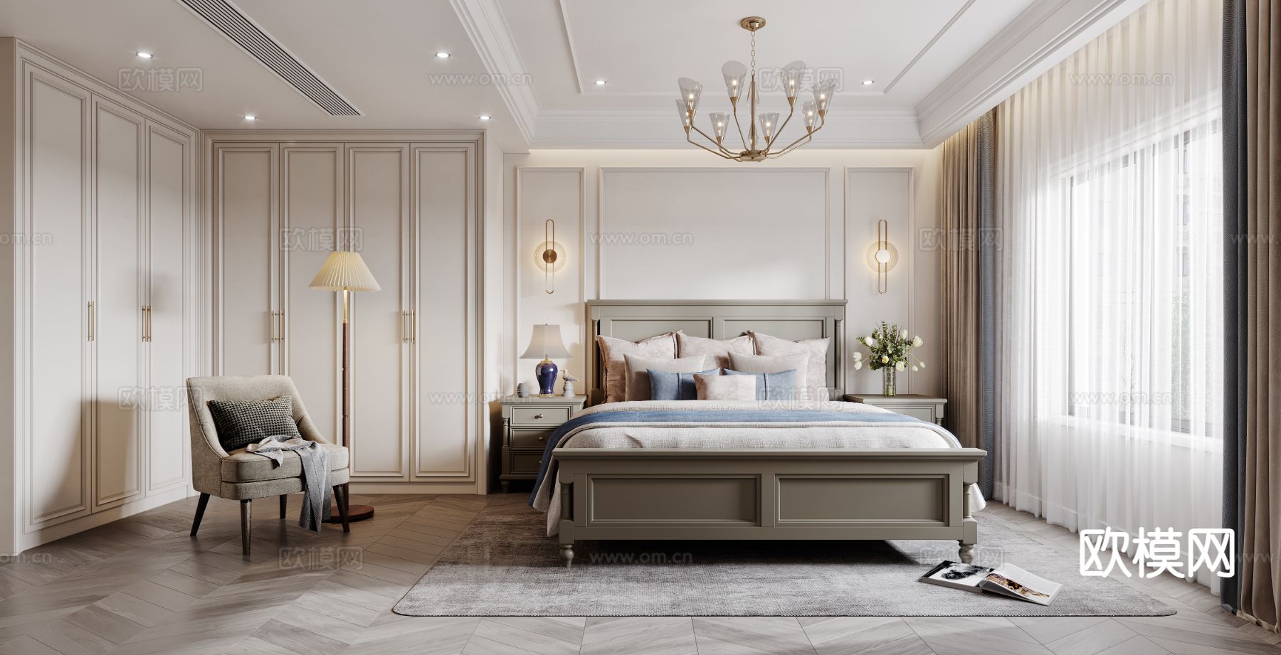 美式卧室 主卧3d模型下载（渲染图1）