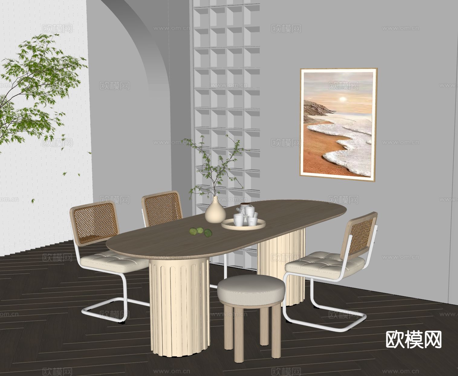奶油风餐桌椅su模型下载（渲染图1）