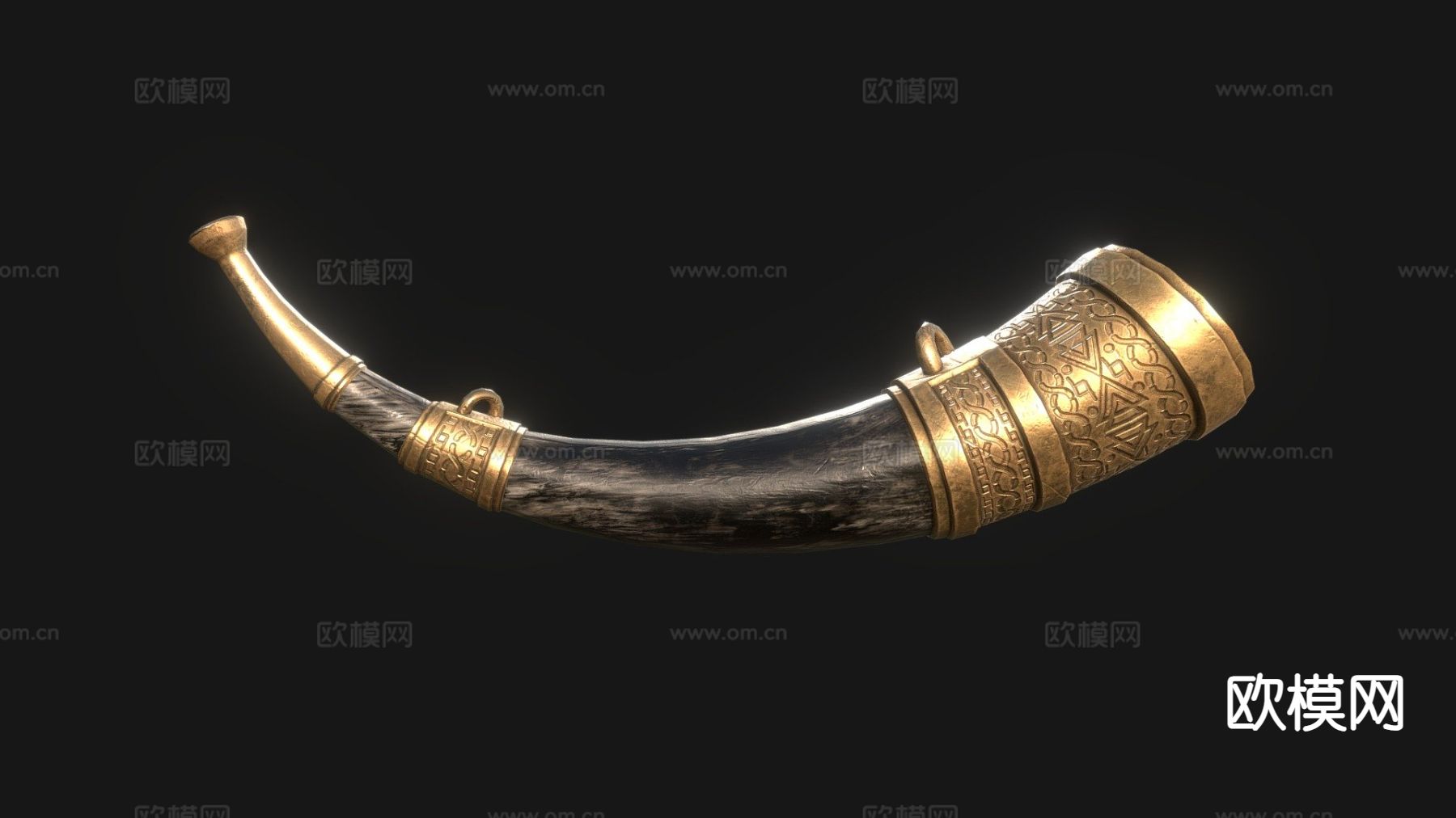 欧式古代号角 黑色青铜 战争号角3d模型下载（渲染图1）