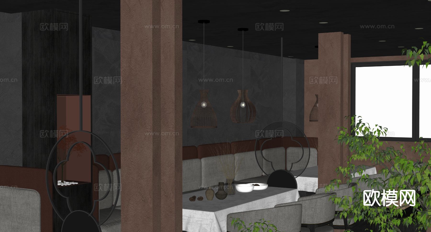 新中式中餐厅 卡座su模型下载（渲染图4）