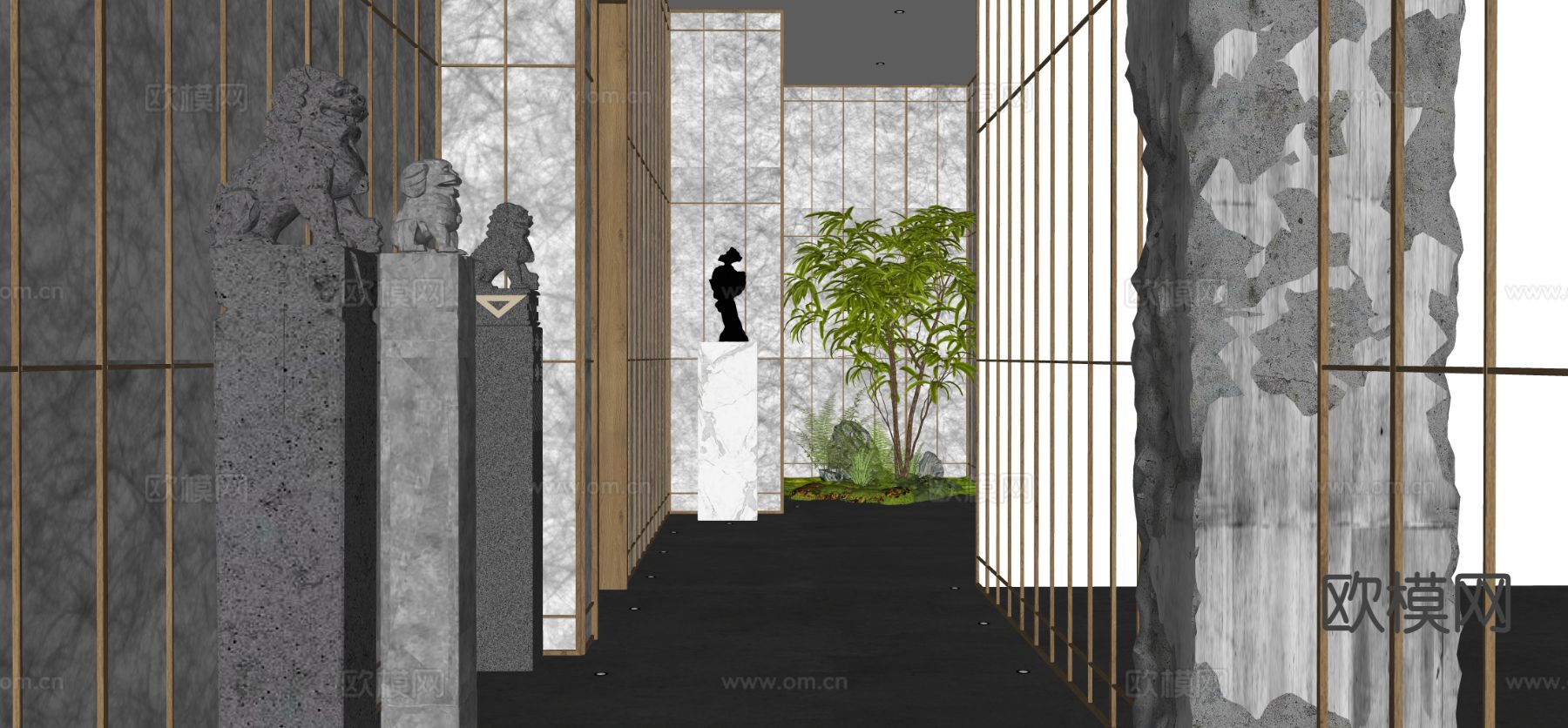 新中式酒店玄关 过道su模型下载（渲染图1）