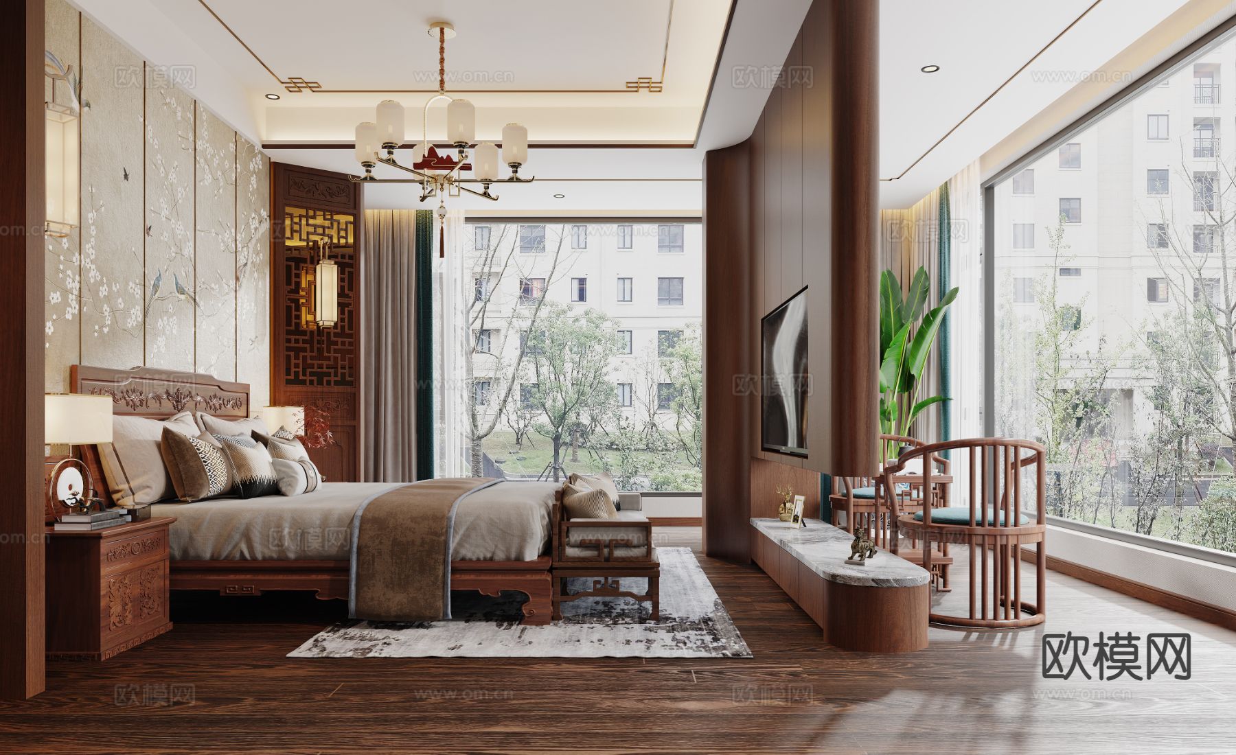中式卧室 主卧3d模型下载（渲染图2）