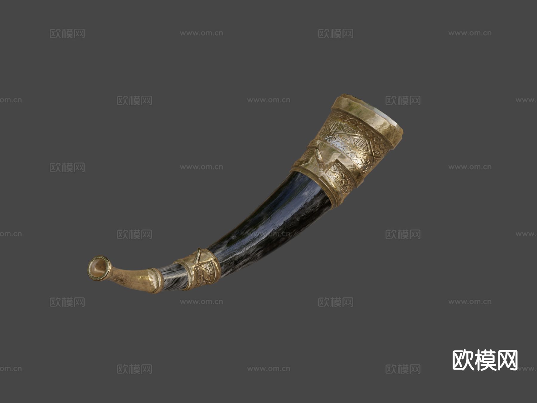 欧式古代号角 黑色青铜 战争号角3d模型下载（渲染图4）