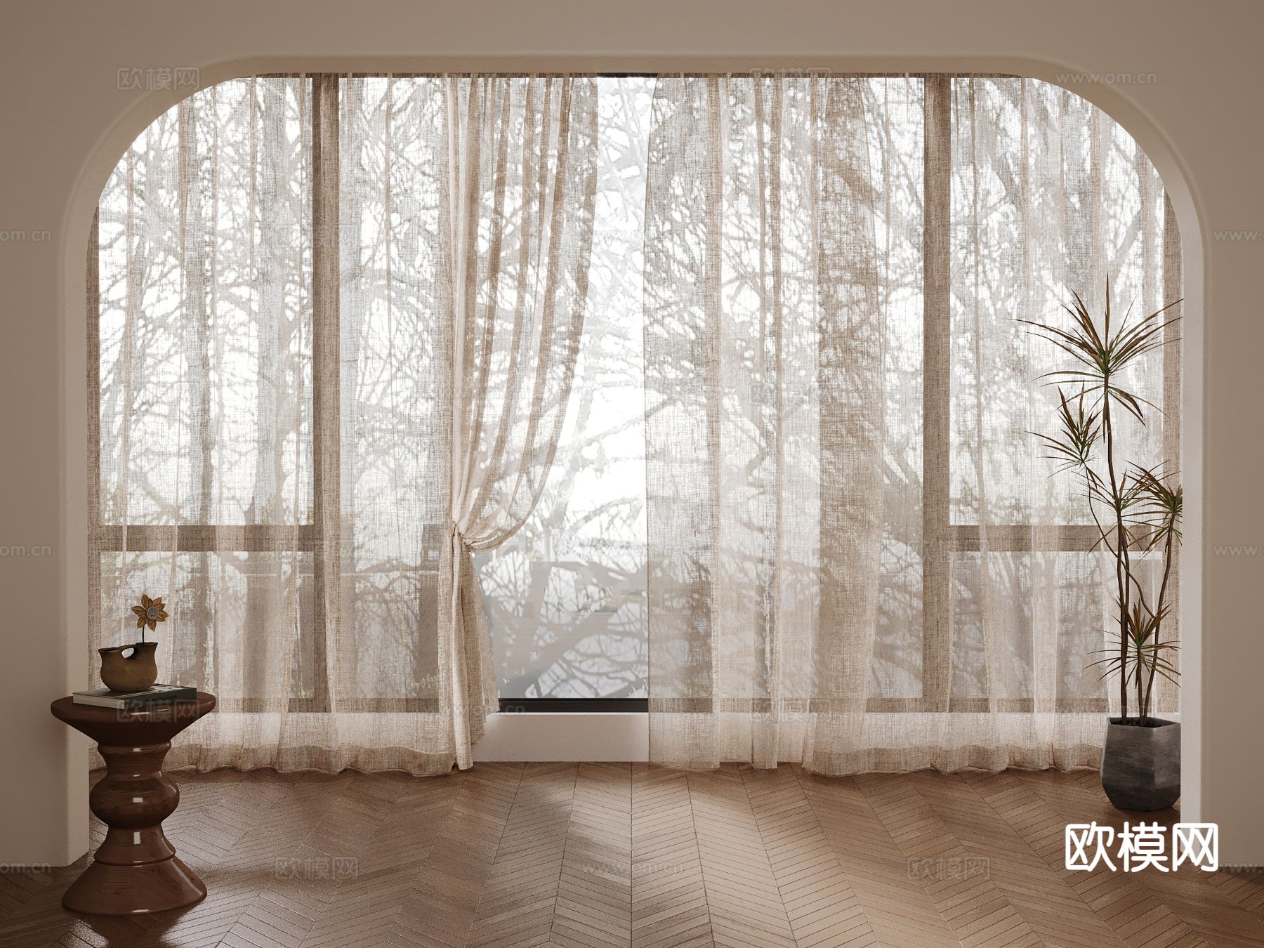 奶油风窗帘 纱帘3d模型下载