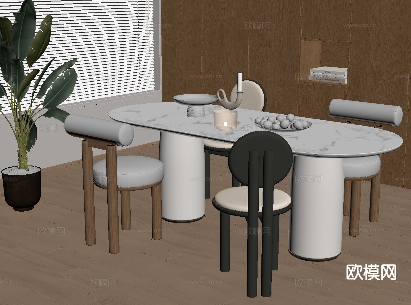 奶油风餐桌椅su模型下载（渲染图1）
