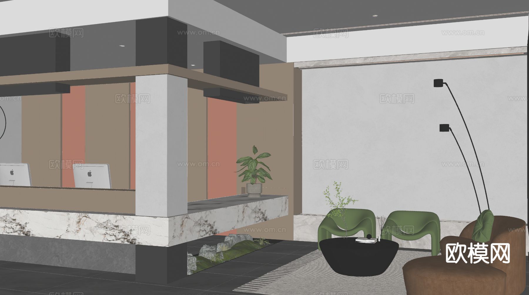 现代酒店吧台大厅 接待区su模型下载（渲染图1）