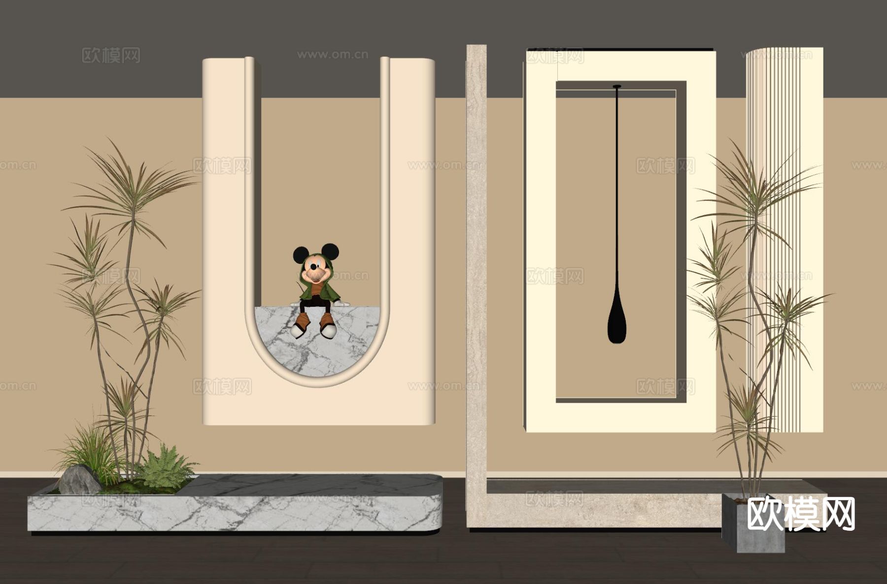 奶油风玄关隔断su模型下载（渲染图1）