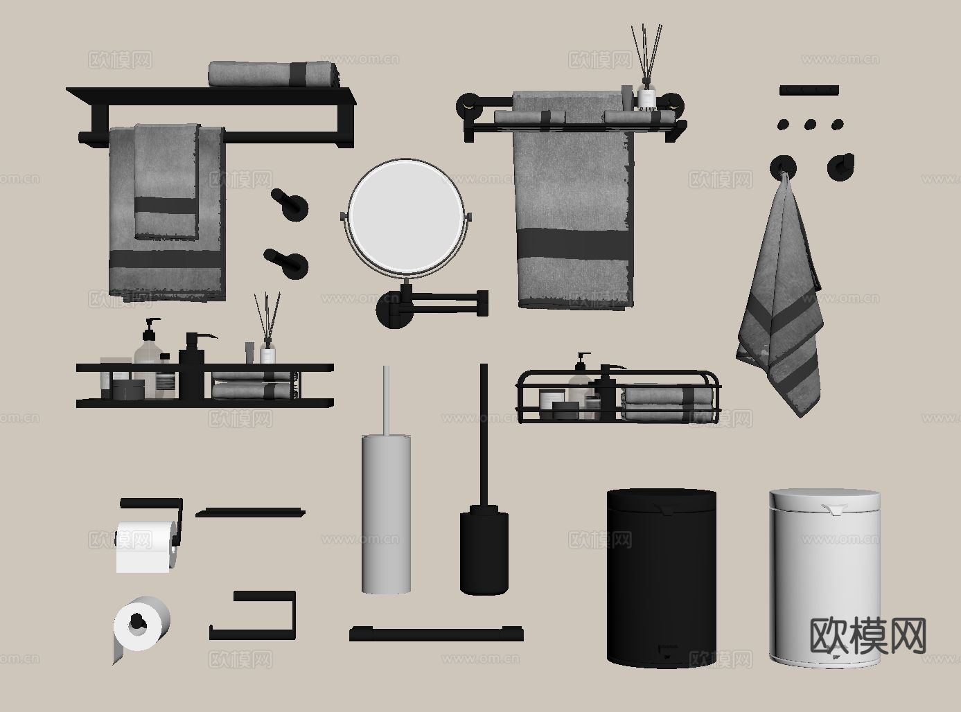 卫浴小件 毛巾架 垃圾桶su模型下载（渲染图1）