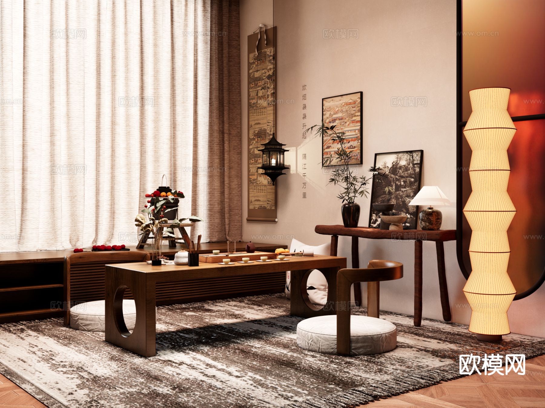 新中式茶桌椅 茶桌禅椅 榻榻米椅su模型下载（渲染图2）