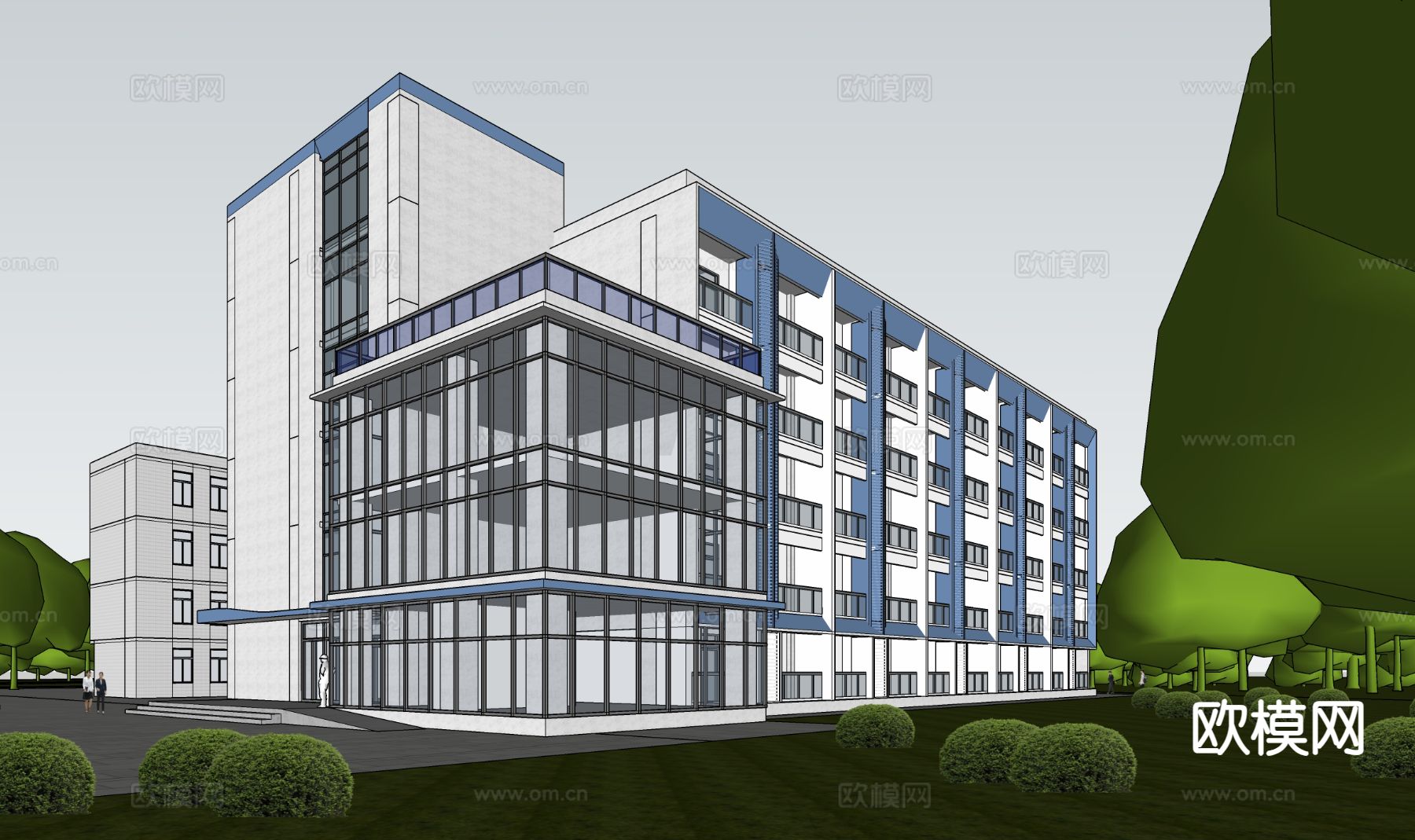 蓝白宿舍楼建筑su模型下载（渲染图1）