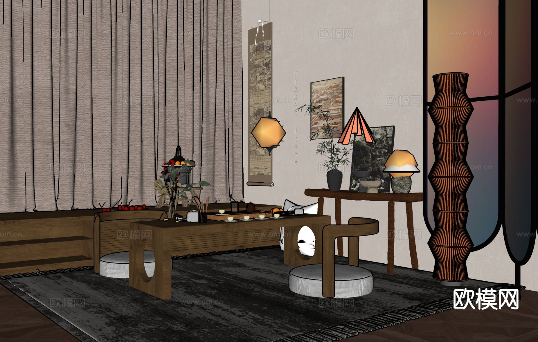 新中式茶桌椅 茶桌禅椅 榻榻米椅su模型下载（渲染图1）