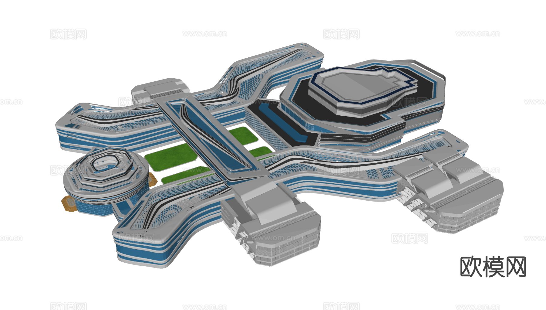 现代商场建筑 商业裙楼鸟瞰su模型下载（渲染图1）