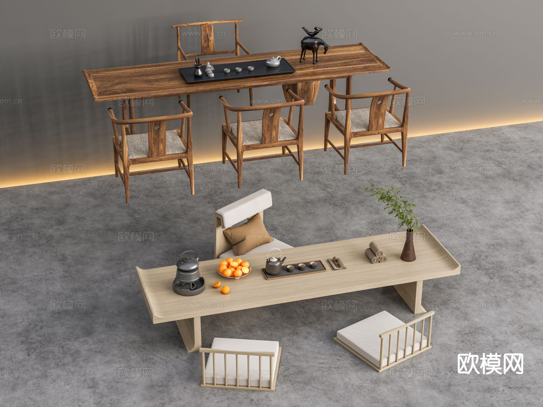 新中式茶桌椅 茶台su模型下载（渲染图2）