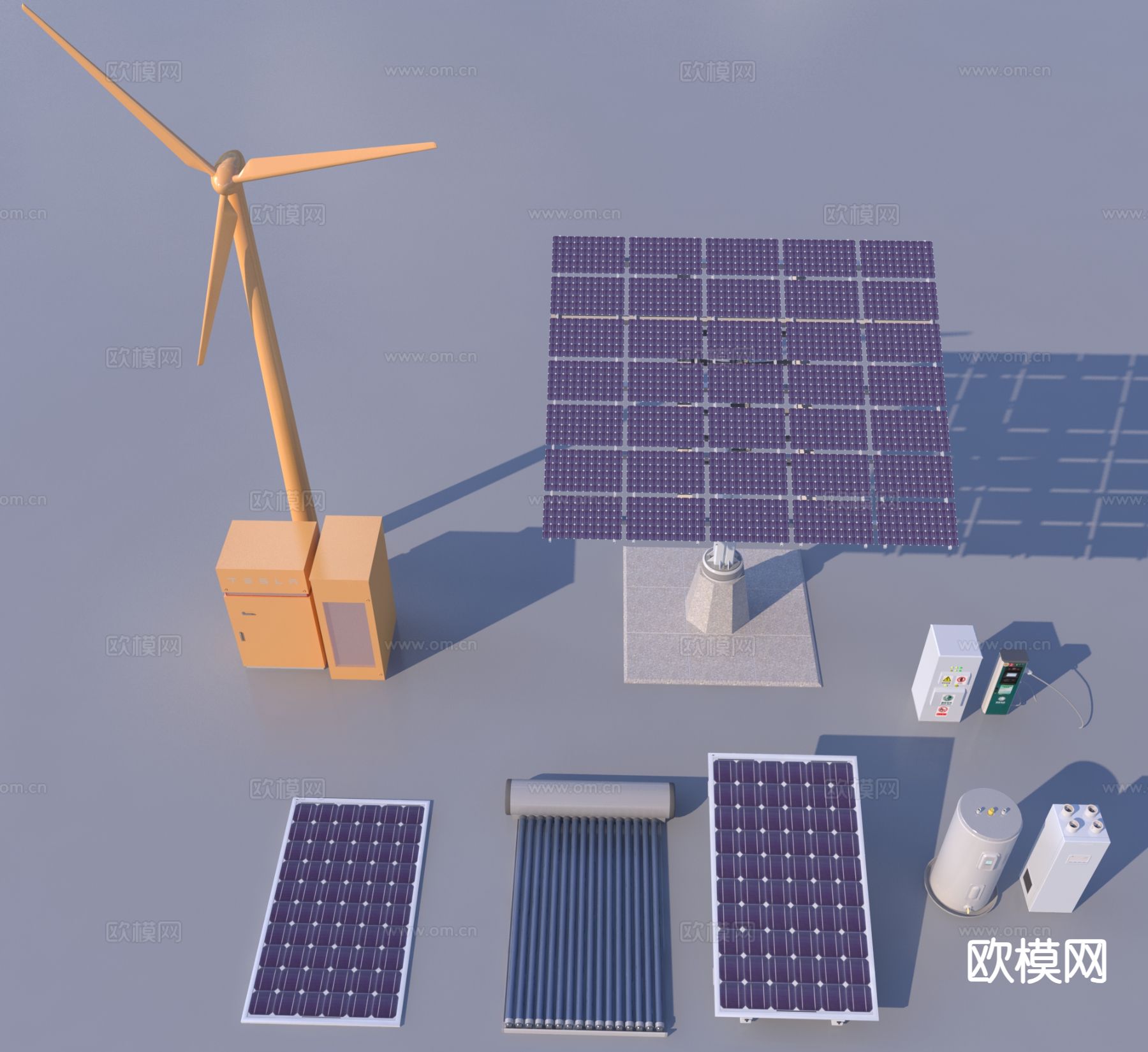 现代太阳能板 风力发电机3d模型下载