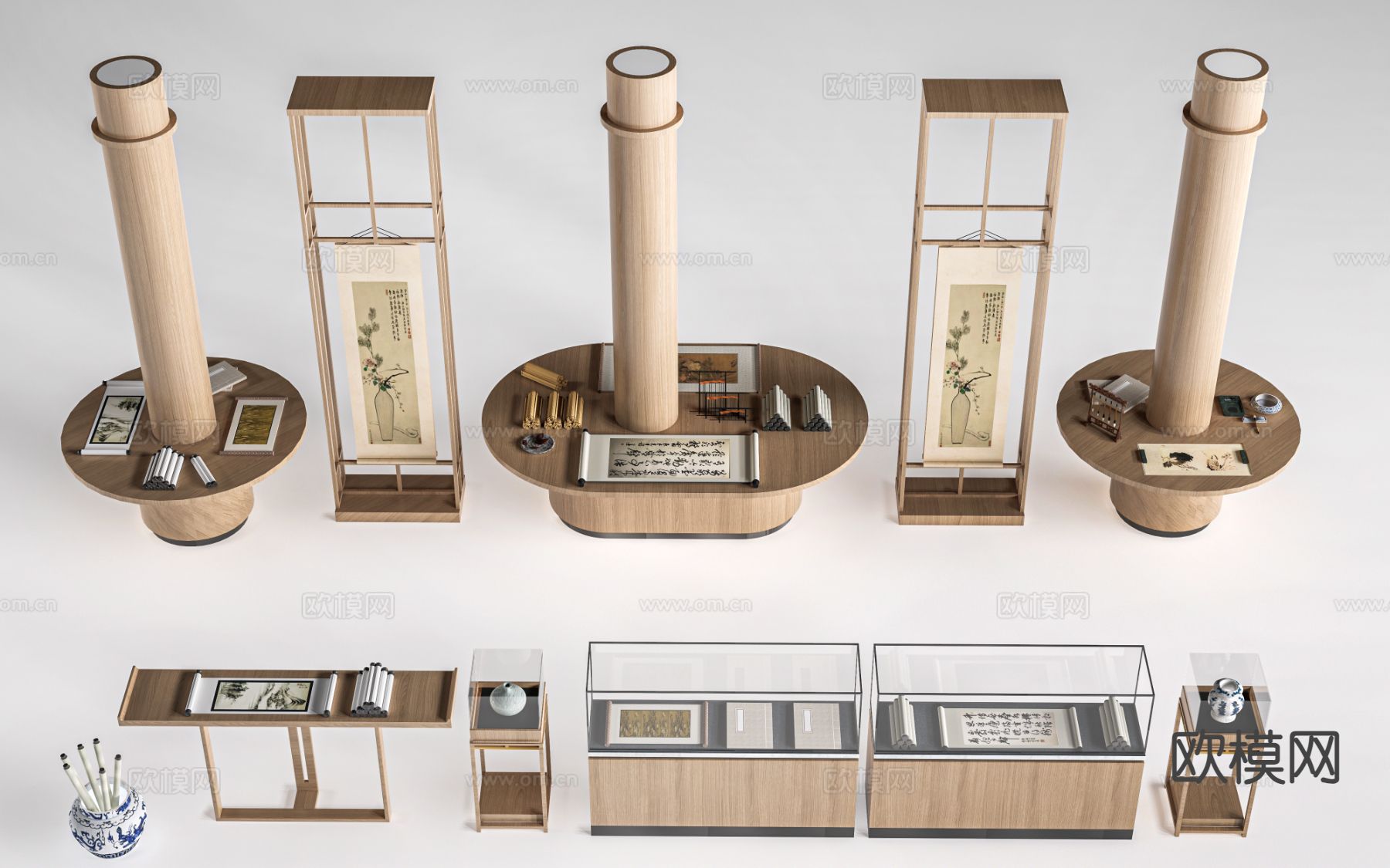 新中式展台 展架 柱子展台 包柱su模型下载（渲染图2）
