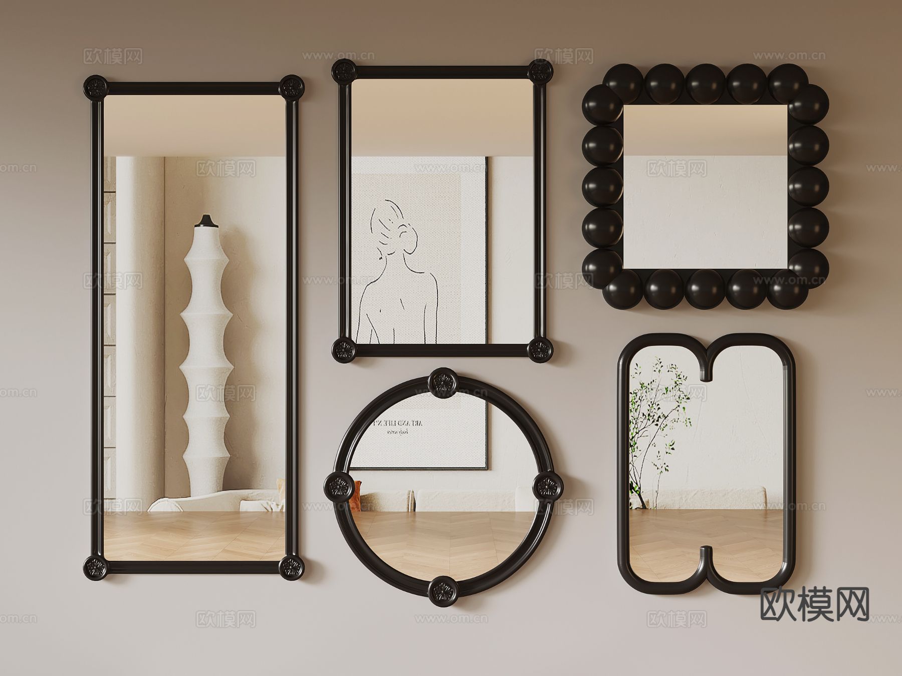 中古风换衣镜 穿衣镜su模型下载（渲染图2）