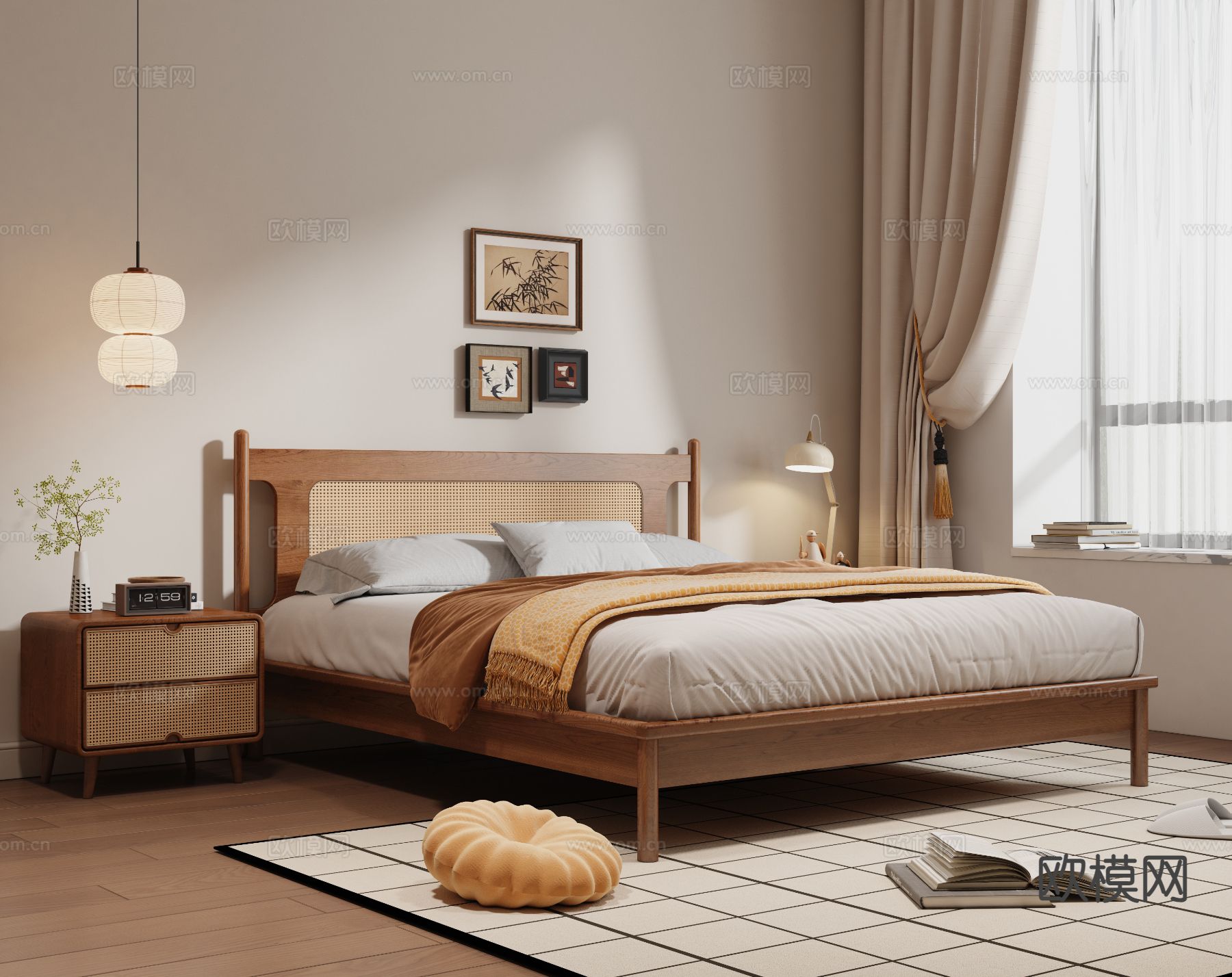 中古风双人床3d模型下载（渲染图2）