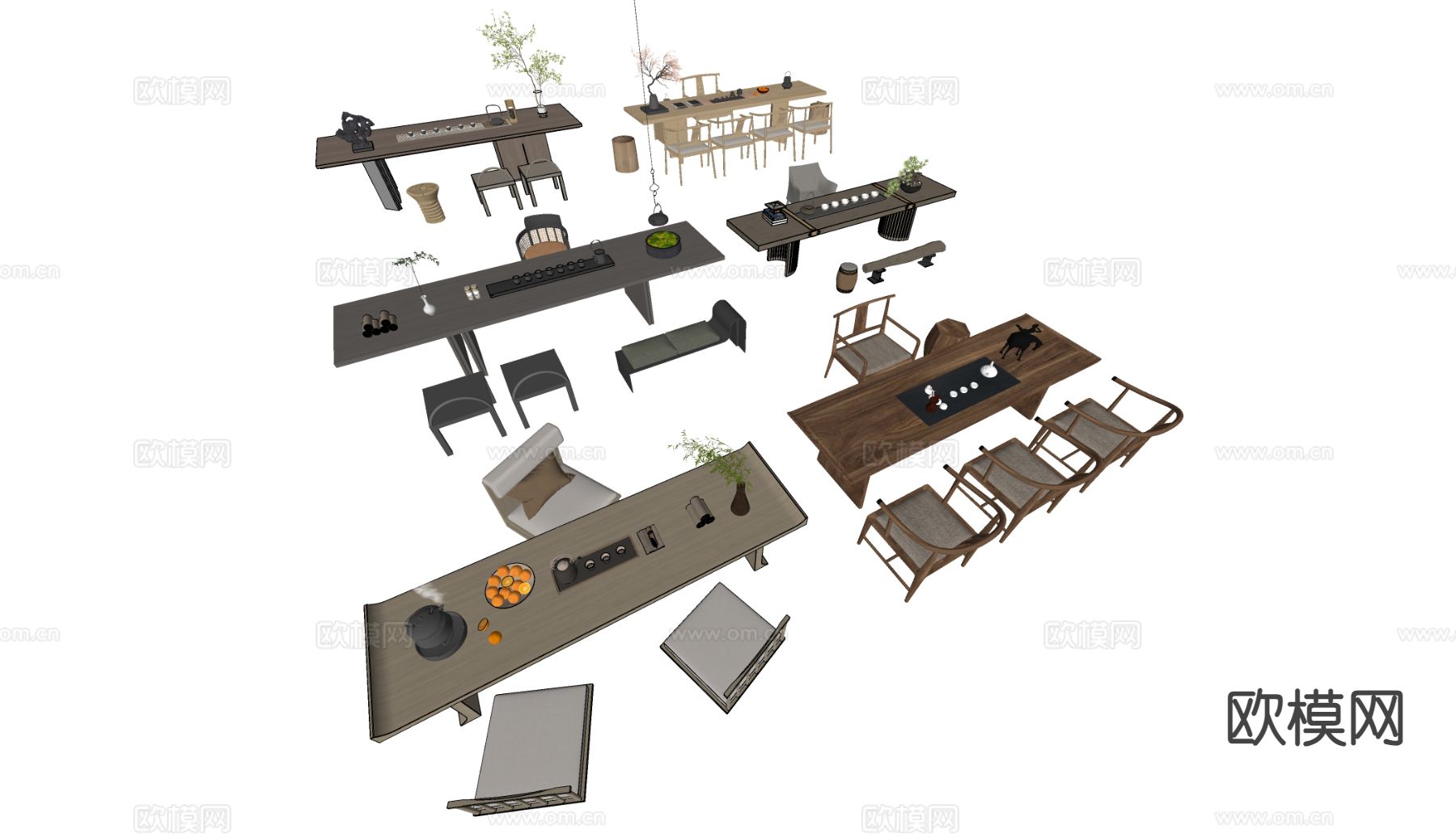 新中式茶桌椅 茶台su模型下载（渲染图1）