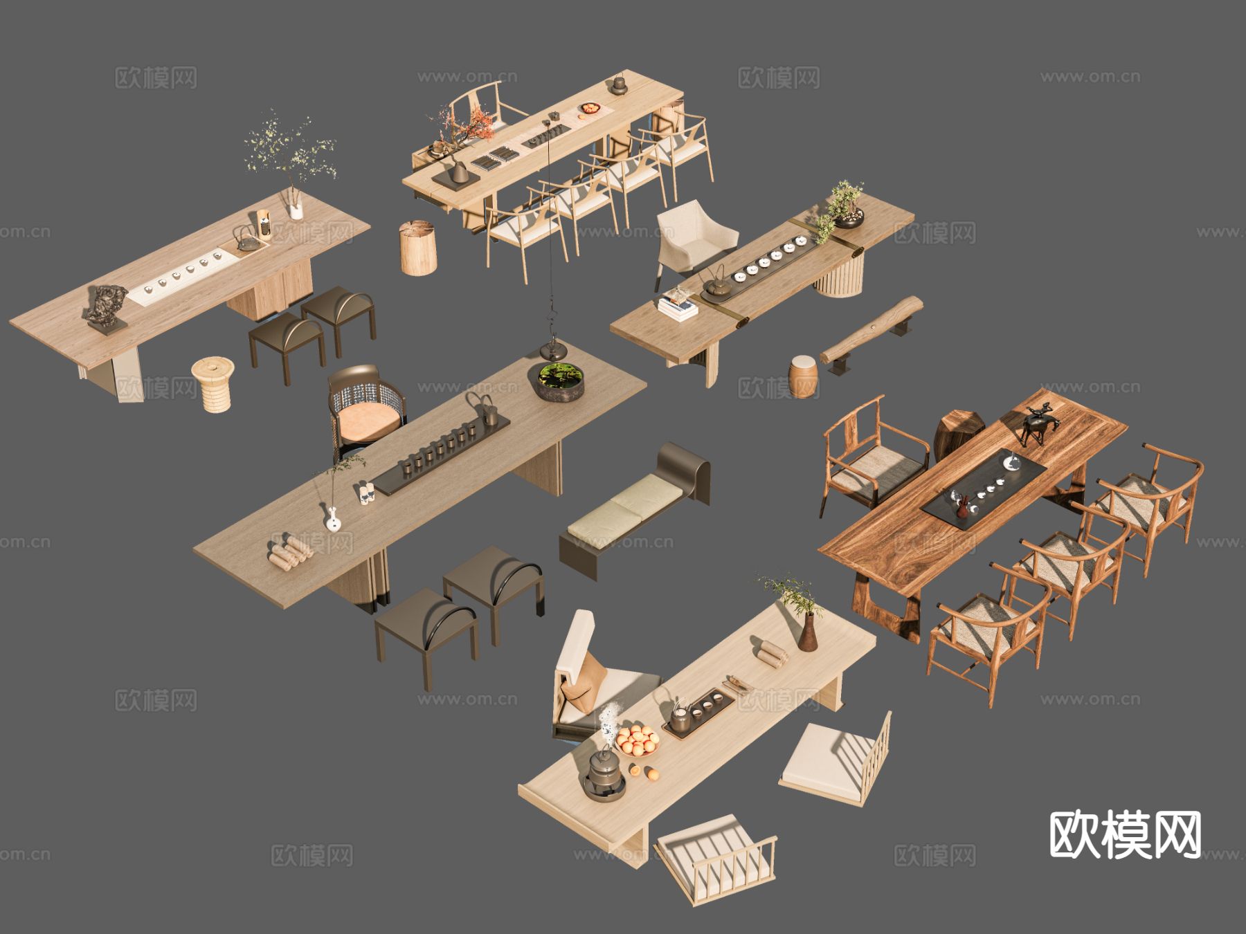 新中式茶桌椅 茶台su模型下载（渲染图2）