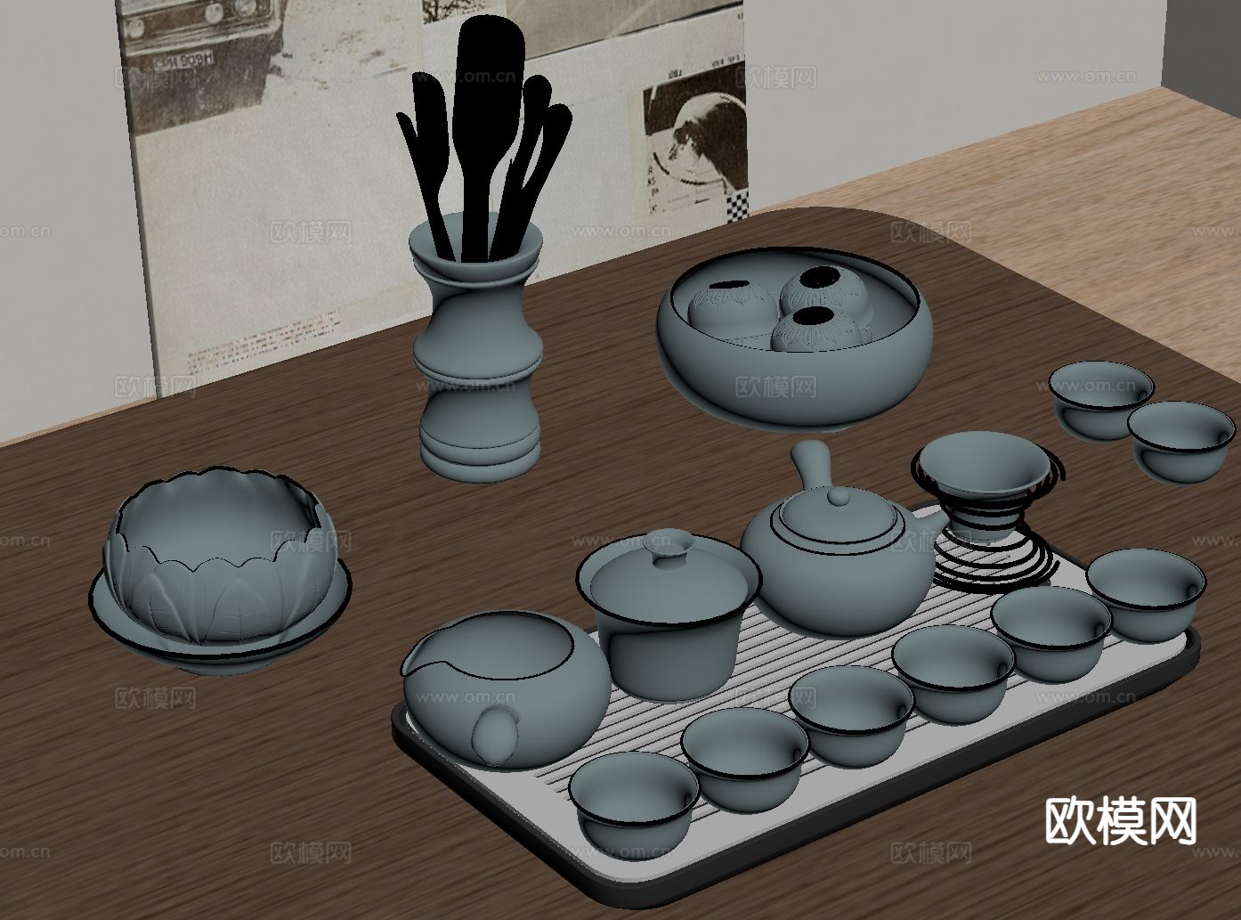 新中式 禅意茶具 茶杯 茶壶su模型下载（渲染图1）