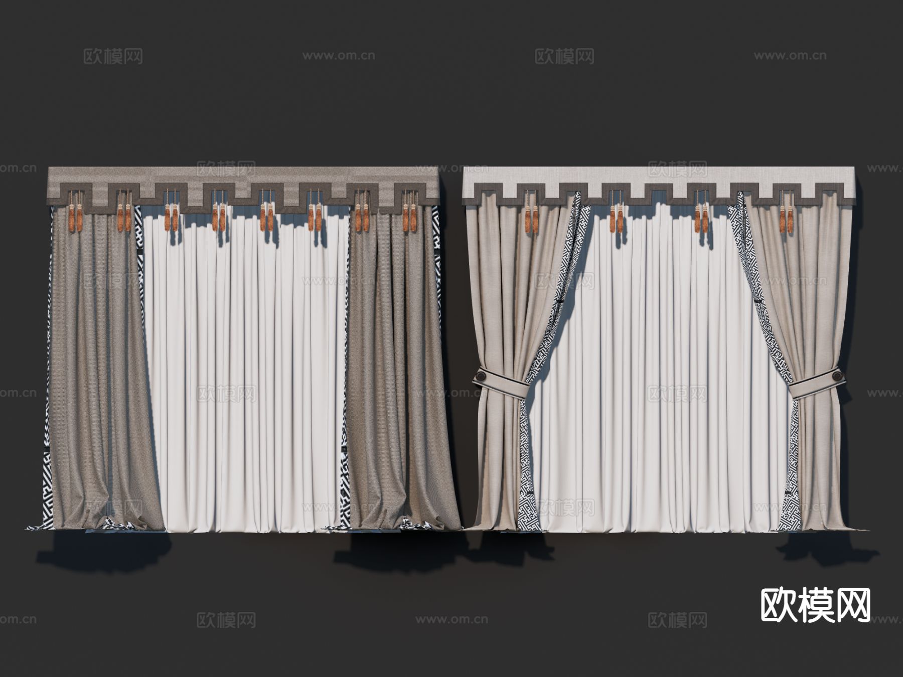 中式窗帘 纱帘 窗帘头su模型下载（渲染图2）
