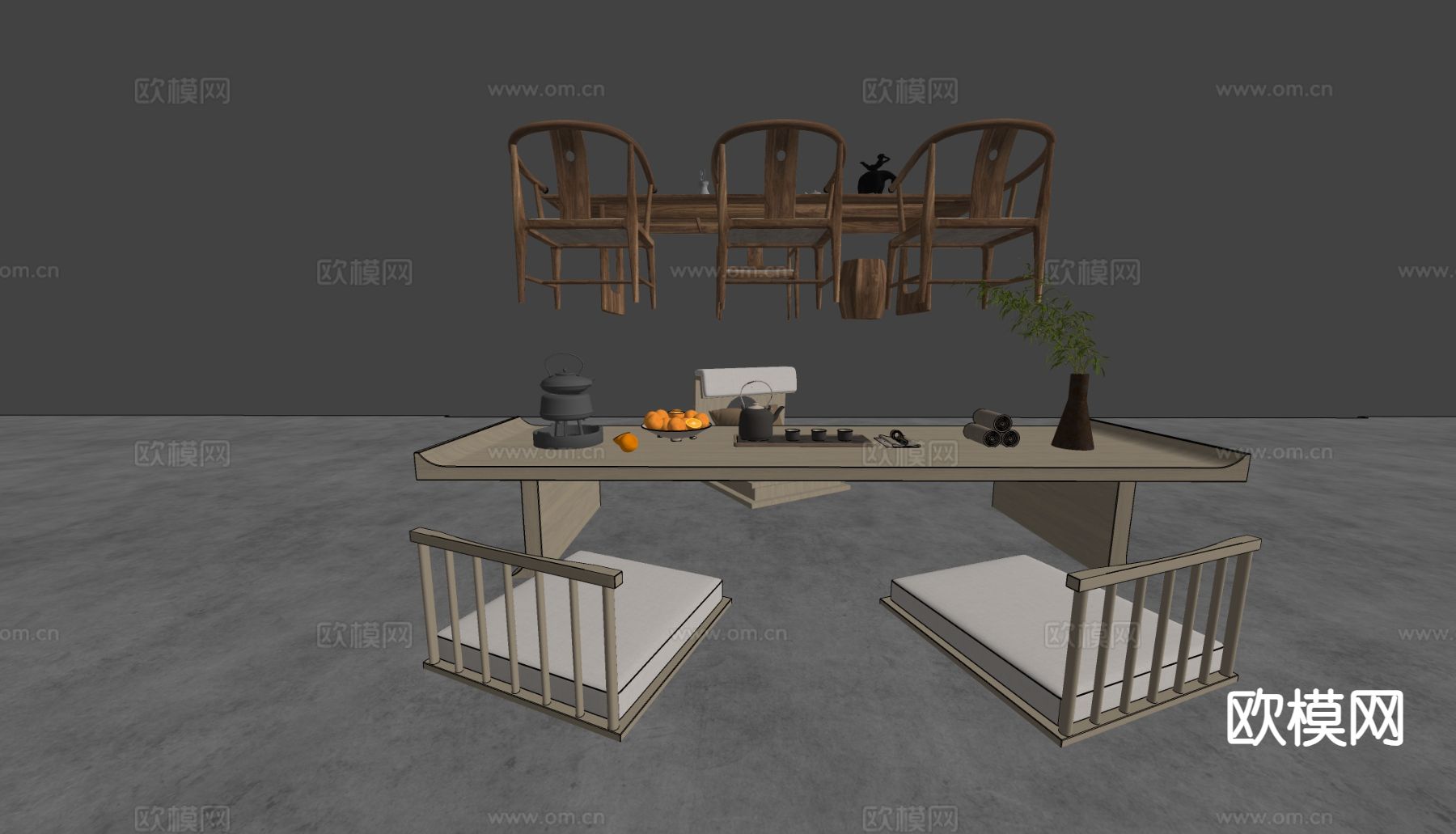 新中式茶桌椅 茶台su模型下载（渲染图1）
