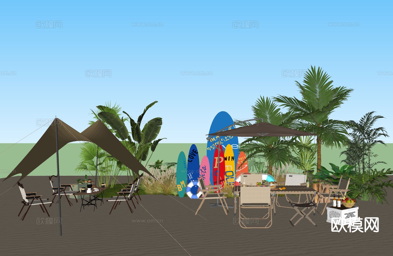 现代露营风小品 户外折叠桌椅su模型下载（渲染图1）